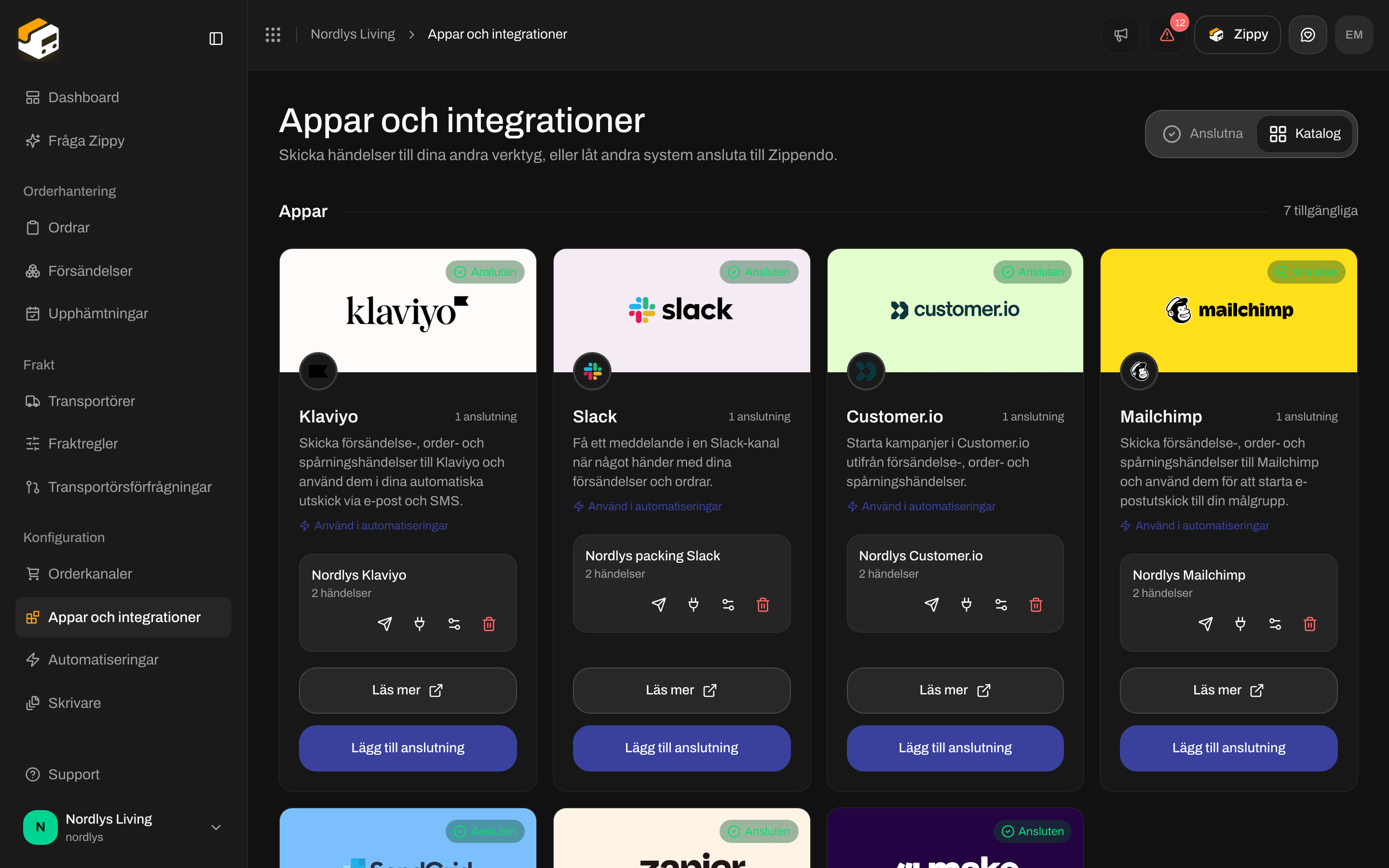 Katalog med kort för Klaviyo, Slack, Customer.io, Mailchimp, SendGrid, Zapier och Make
