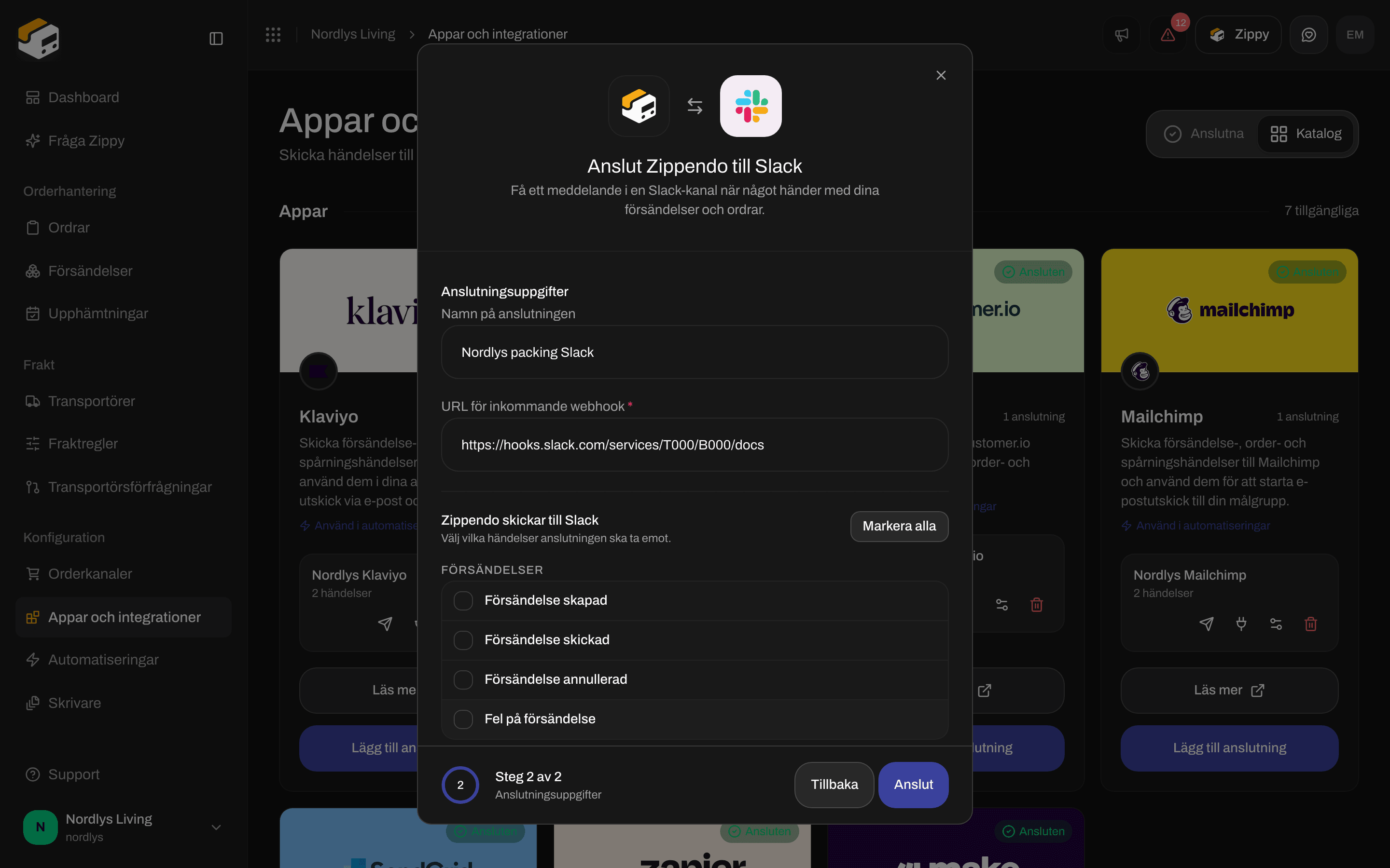 Anslutningsfönster för Slack med ett namn på anslutningen, URL för inkommande webhook och kryssrutor för händelser