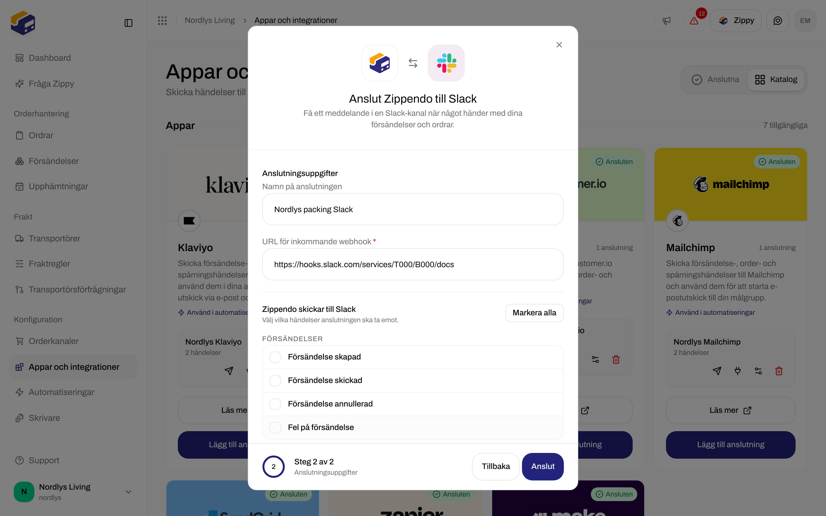 Anslutningsfönster för Slack med ett namn på anslutningen, URL för inkommande webhook och kryssrutor för händelser