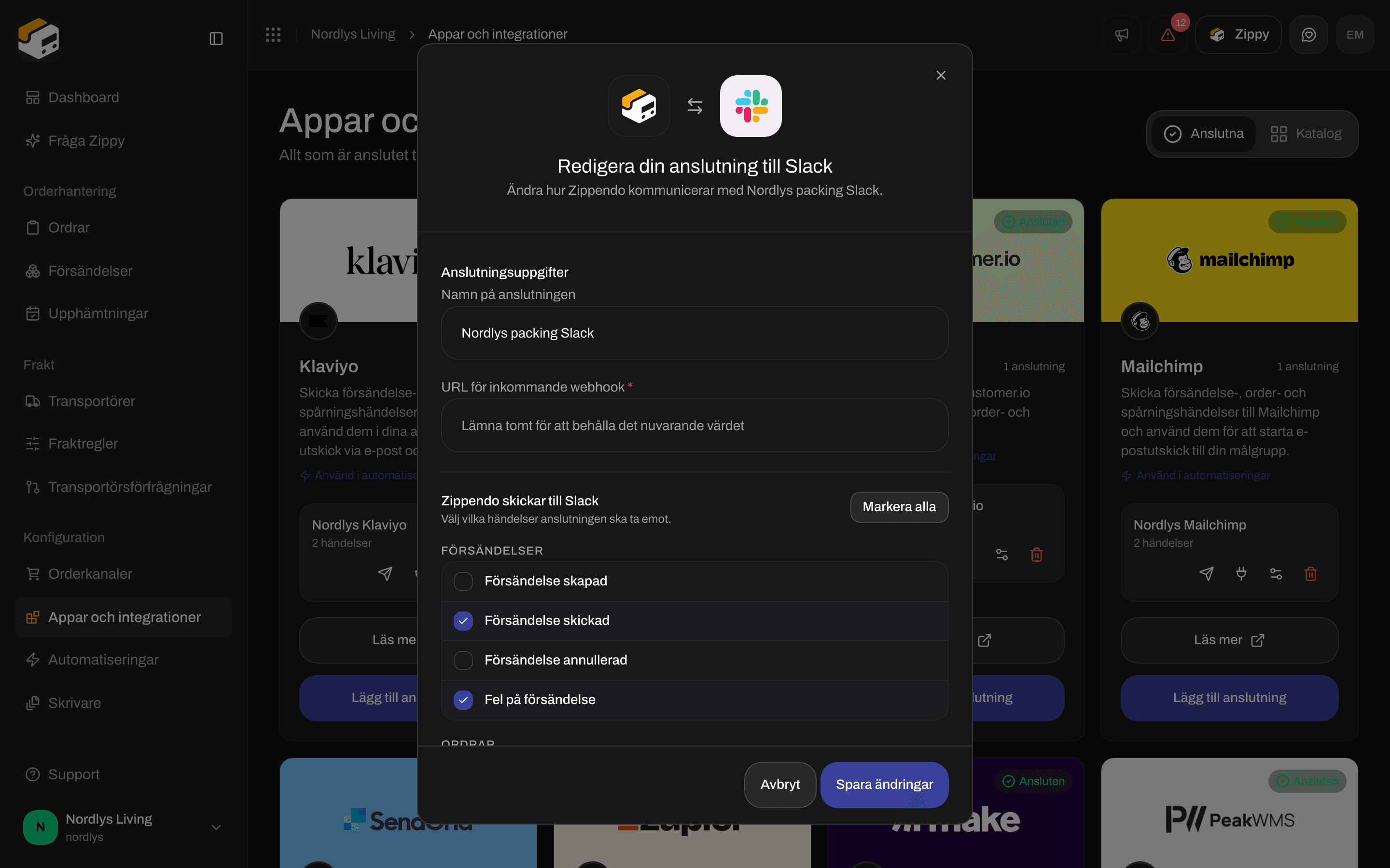 Redigeringsfönster för en anslutning till Slack med namn på anslutningen, ett tomt webhook-fält och händelserna