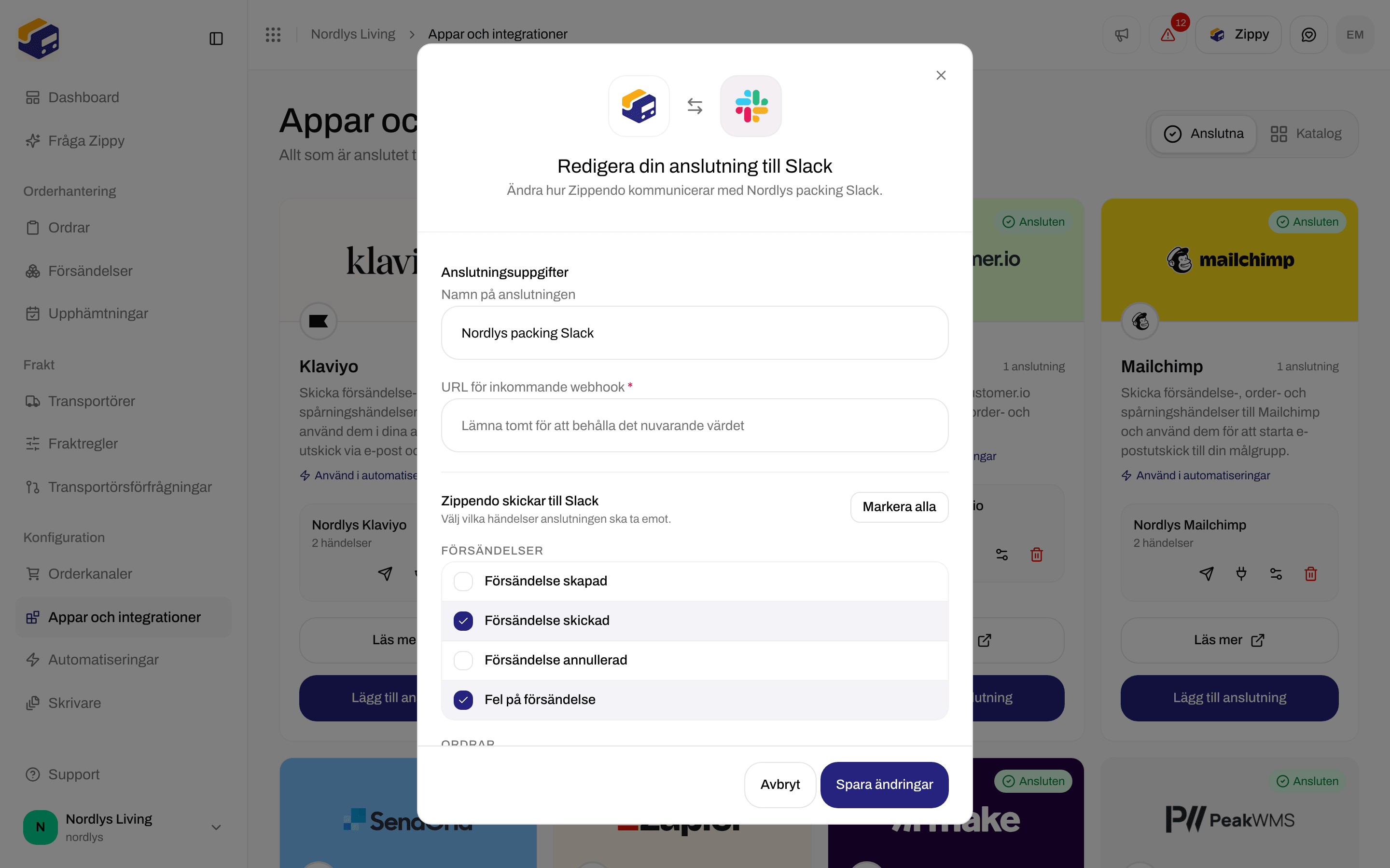 Redigeringsfönster för en anslutning till Slack med namn på anslutningen, ett tomt webhook-fält och händelserna