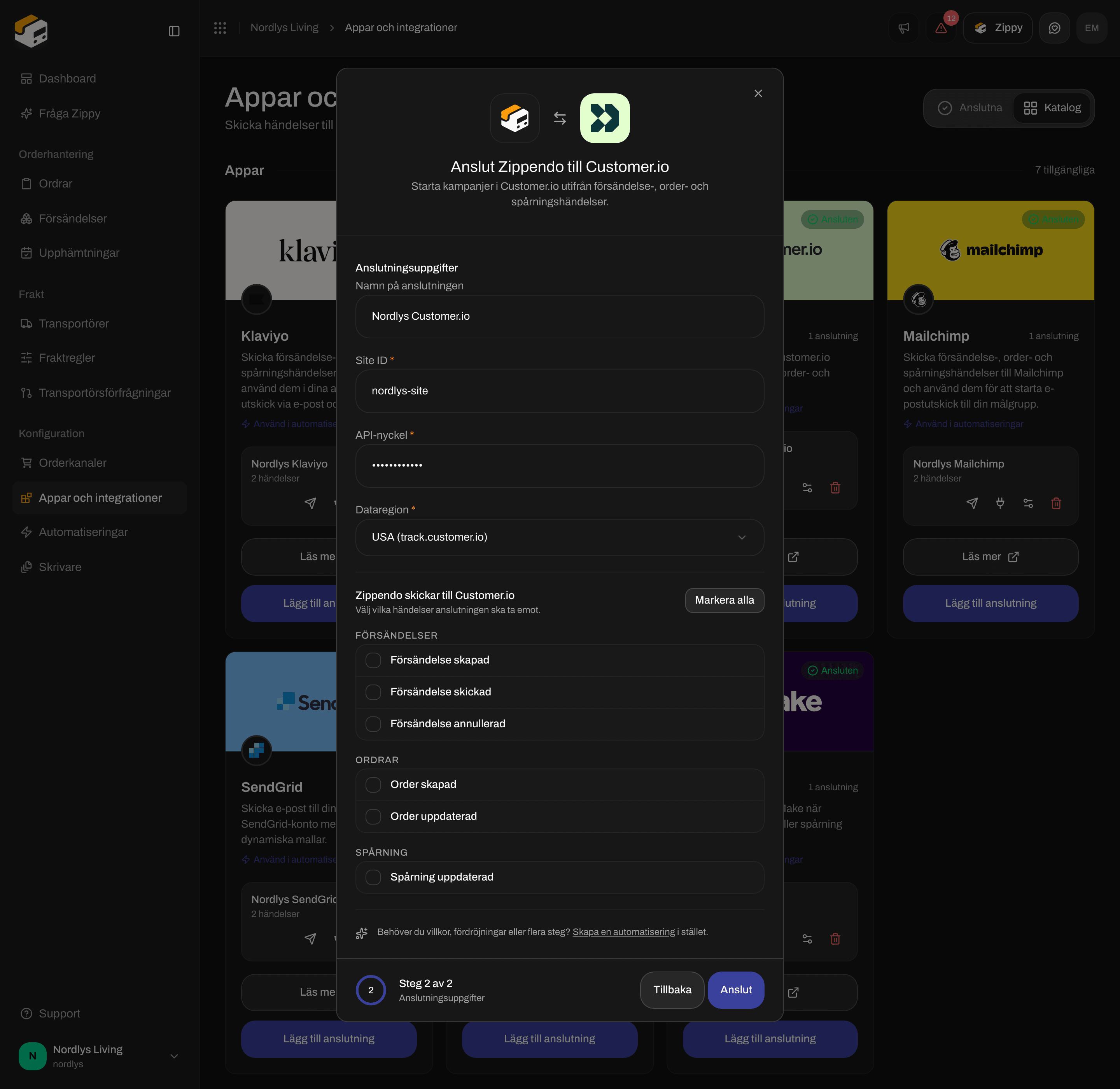 Anslutningsfönster för Customer.io med ett anslutningsnamn, Site ID, API-nyckel, Dataregion och kryssrutor för händelser