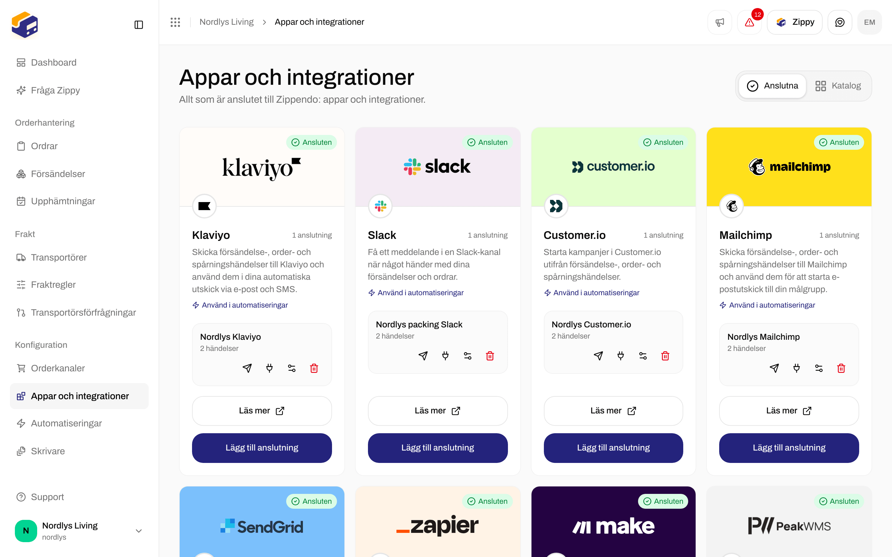 Fliken Ansluten med en Customer.io-anslutning och ikonerna för test, leveranslogg, redigera och radera
