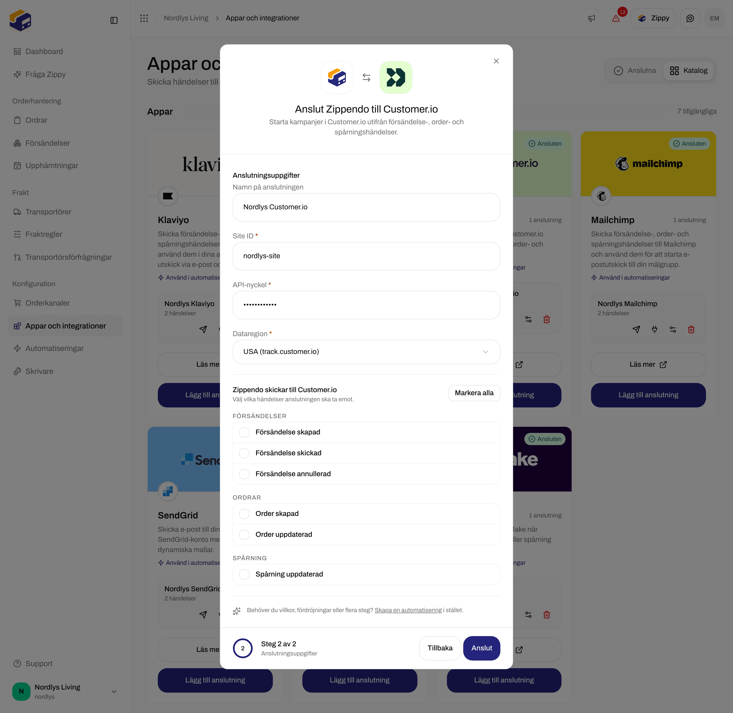 Anslutningsfönstret för Customer.io nedrullat till kryssrutorna för order- och spårningshändelser