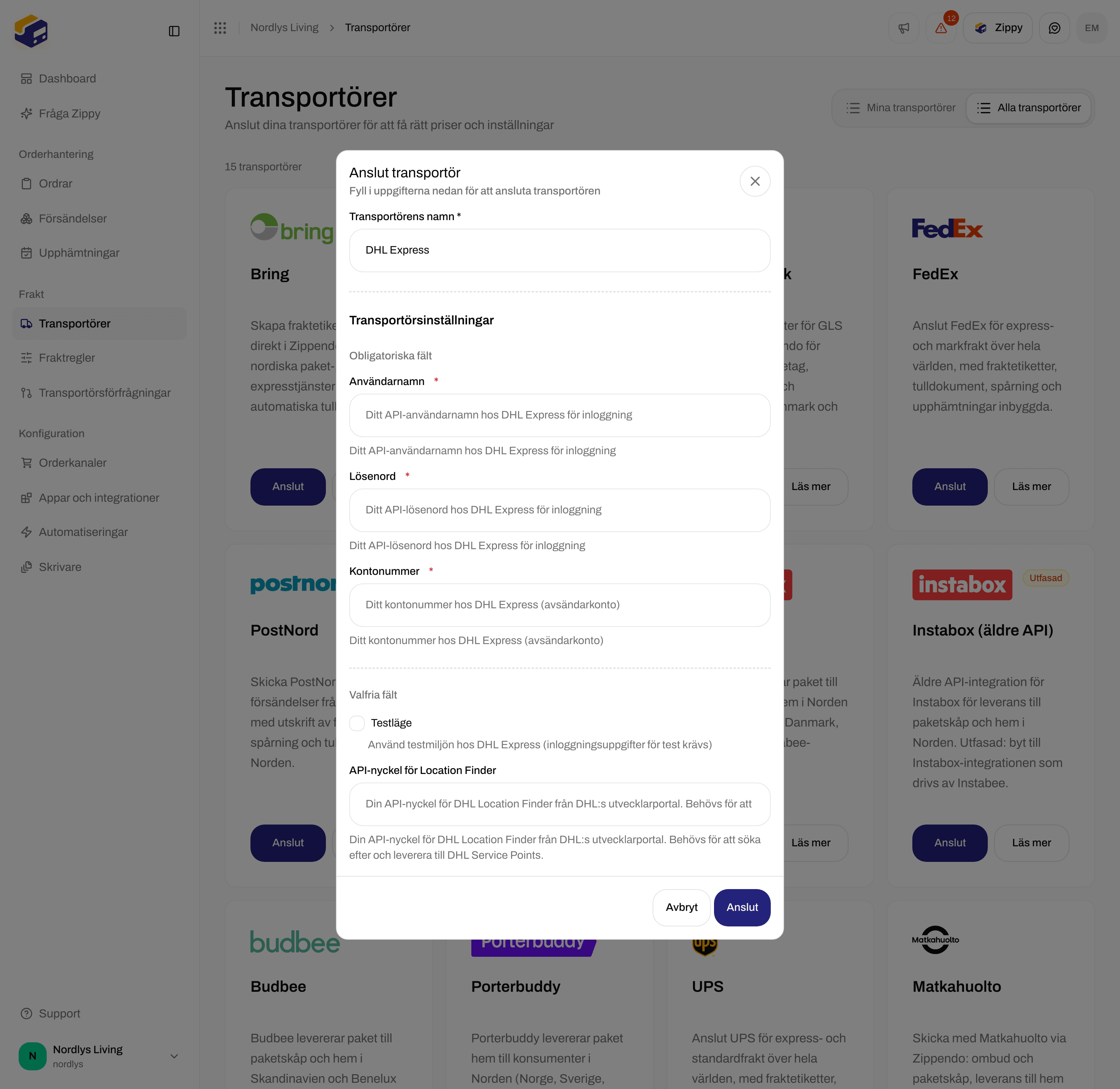 Anslutningsformuläret för DHL Express nedbläddrat till Testläge och Location Finder API key