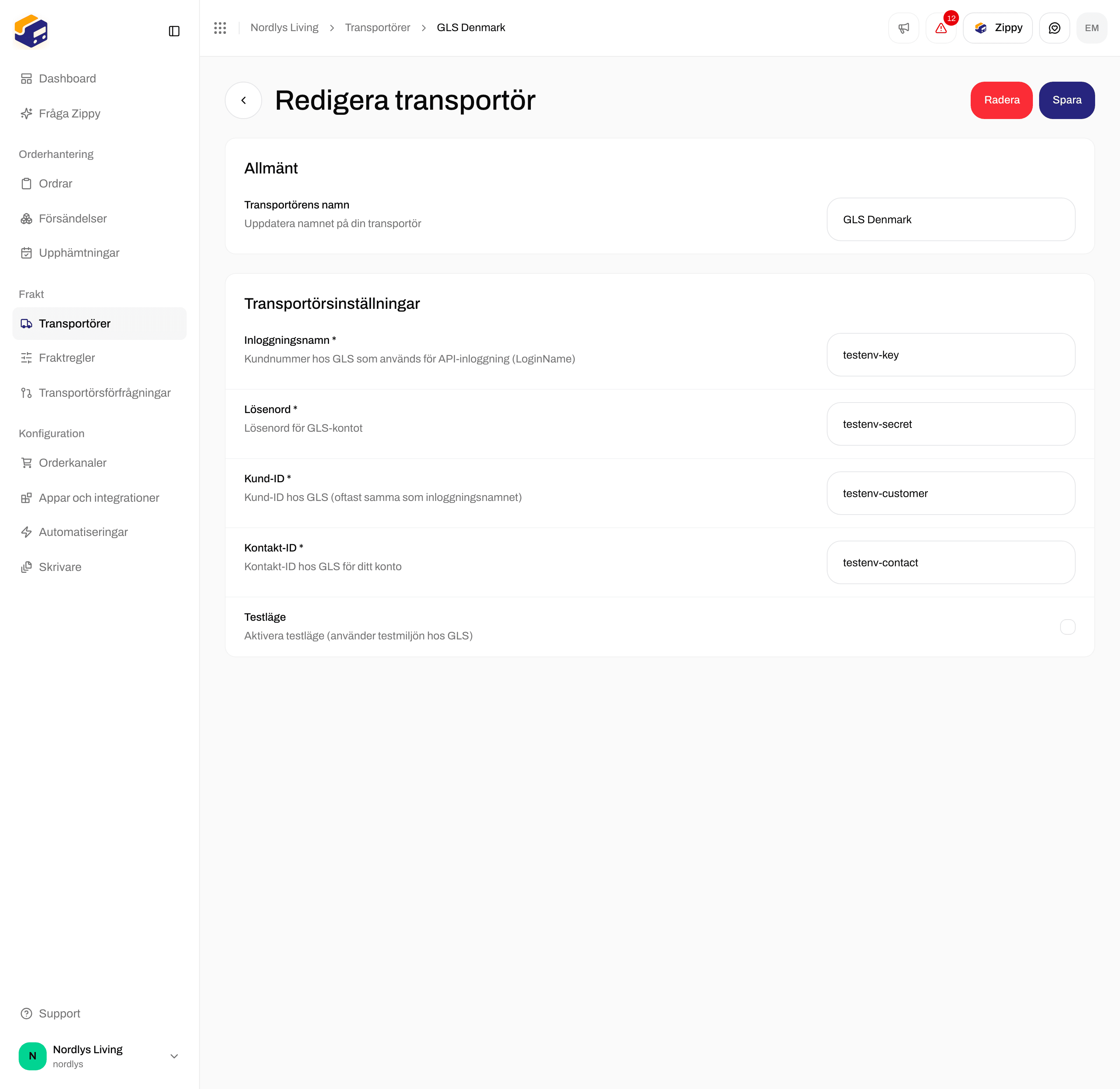 Redigera transportör för GLS Denmark med Inloggningsnamn, Lösenord, Kund-ID, Kontakt-ID och Testläge
