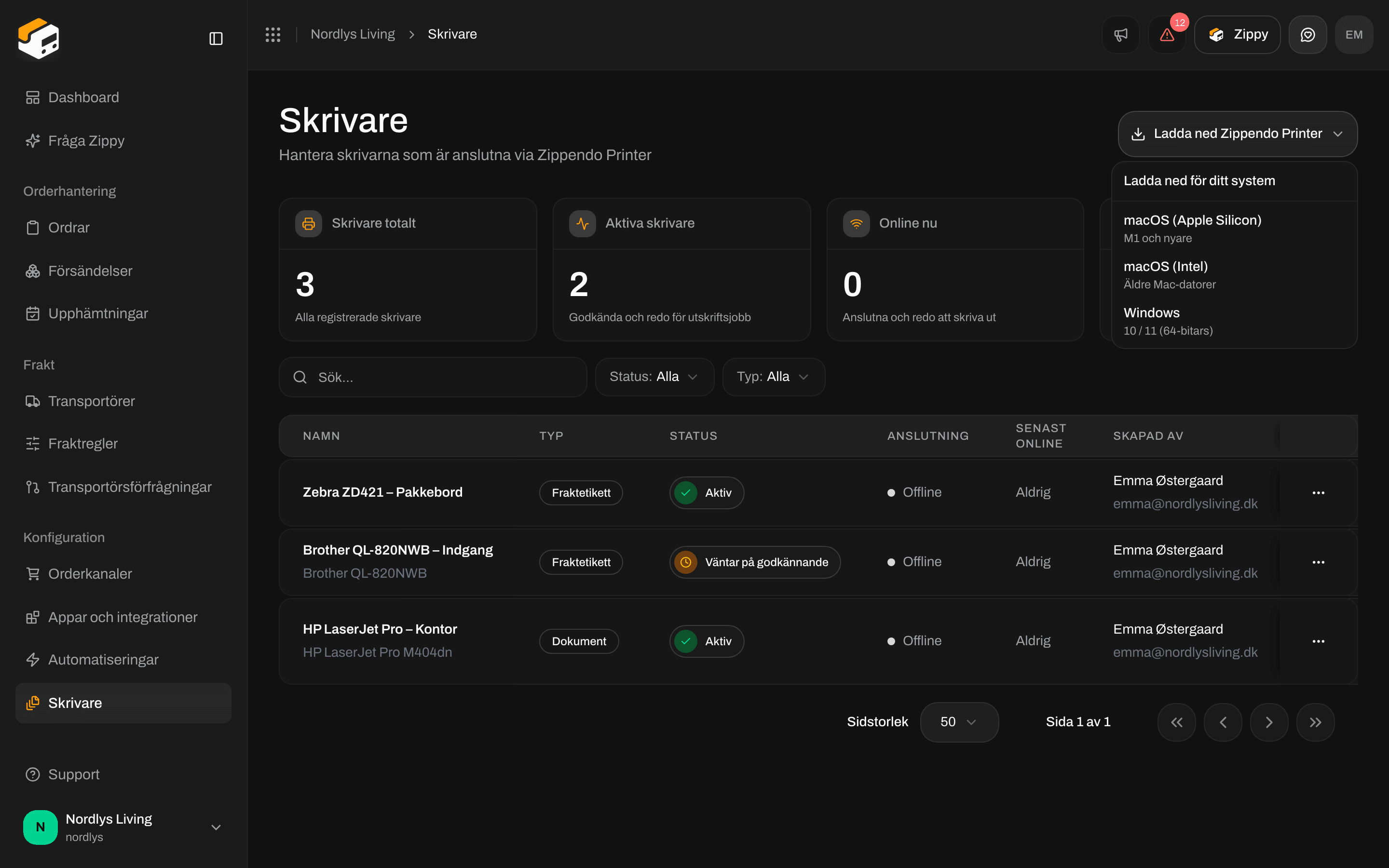 Nedladdningsmenyn på sidan Skrivare med installationsprogram för macOS Apple Silicon, macOS Intel och Windows