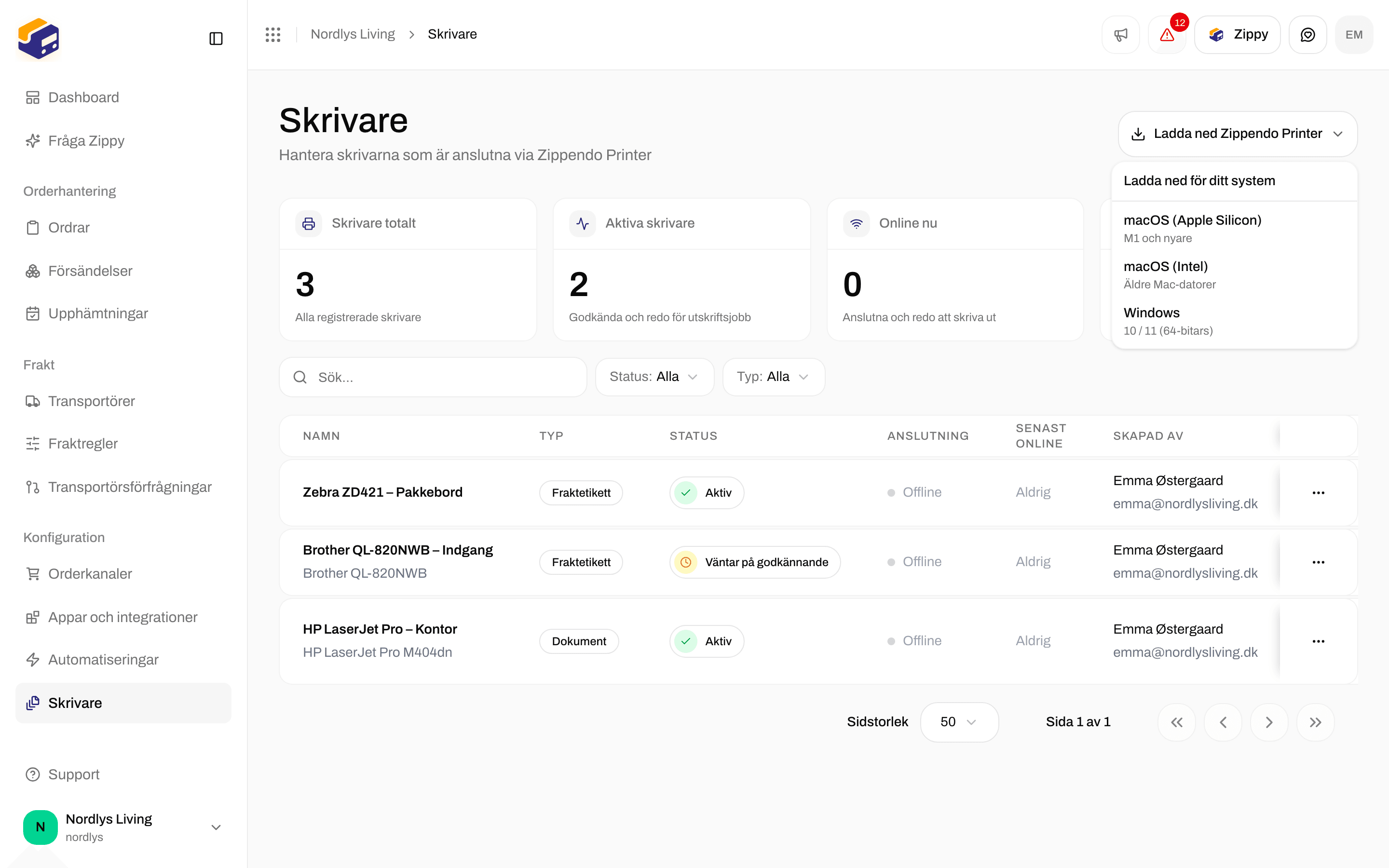 Nedladdningsmenyn på sidan Skrivare med installationsprogram för macOS Apple Silicon, macOS Intel och Windows