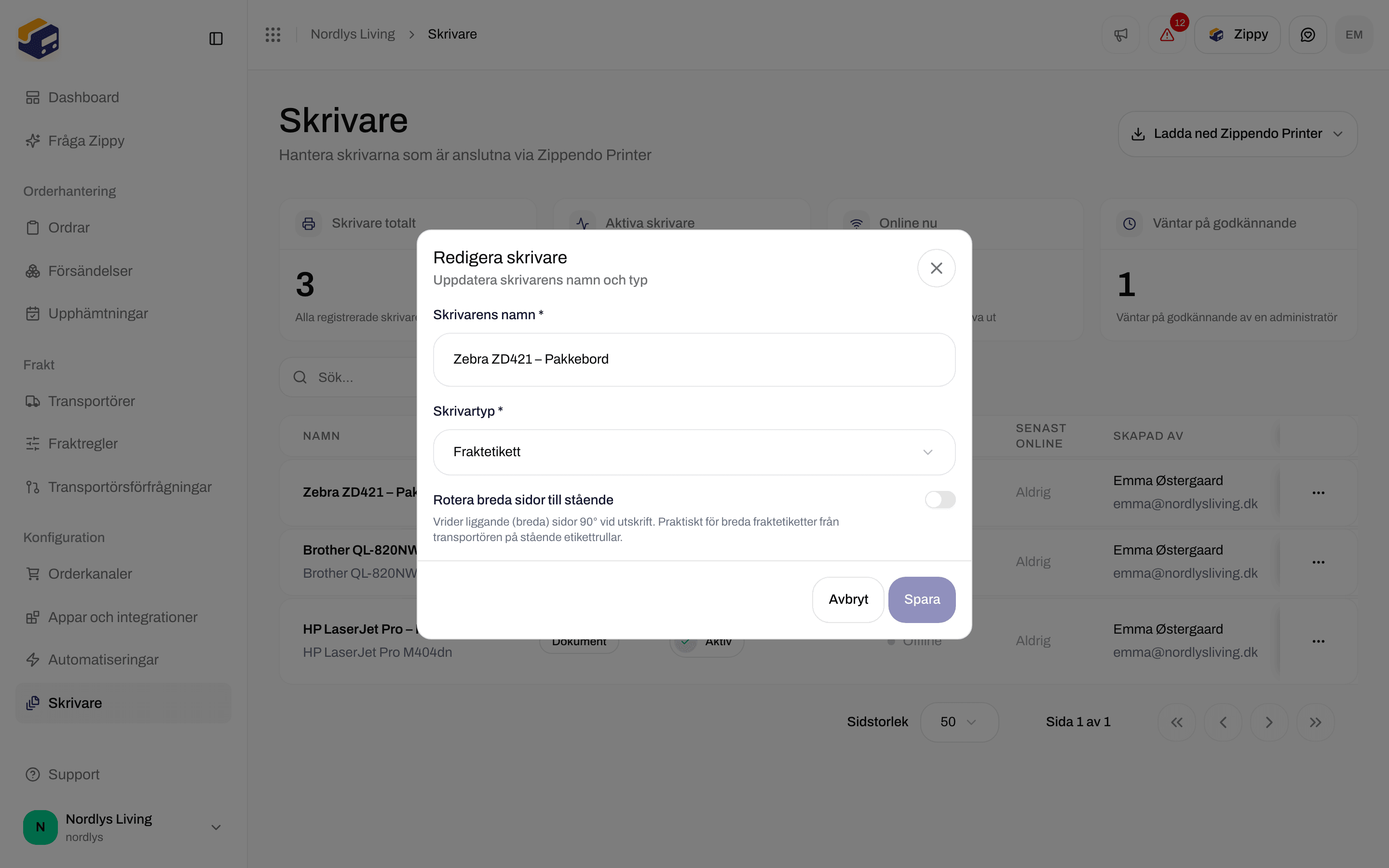 Fönstret Redigera skrivare med Skrivarnamn, Skrivartyp inställd på Etikett och reglaget Rotera breda sidor till stående