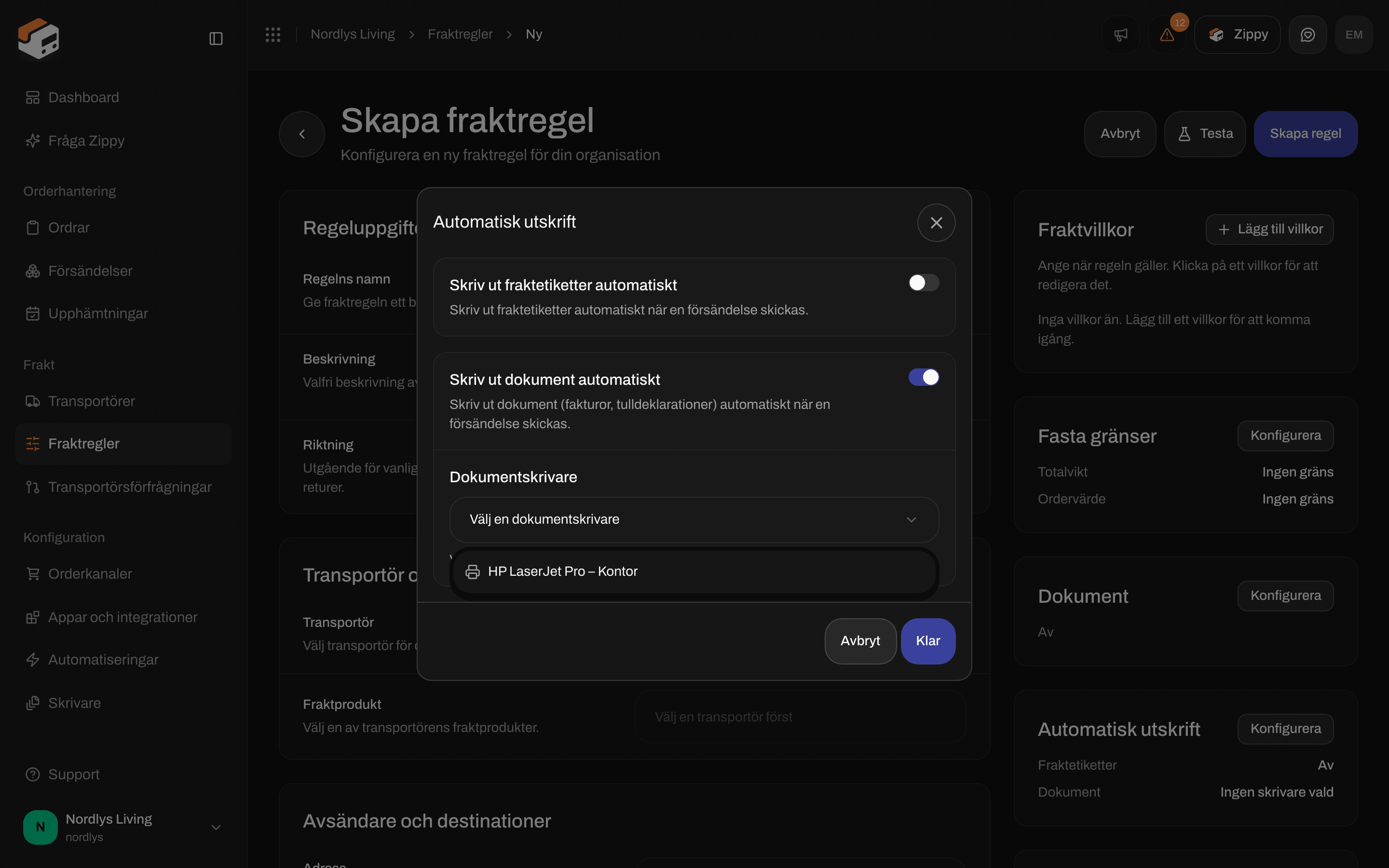 Dialogrutan Automatisk utskrift med Skriv ut dokument automatiskt påslaget och listan Dokumentskrivare