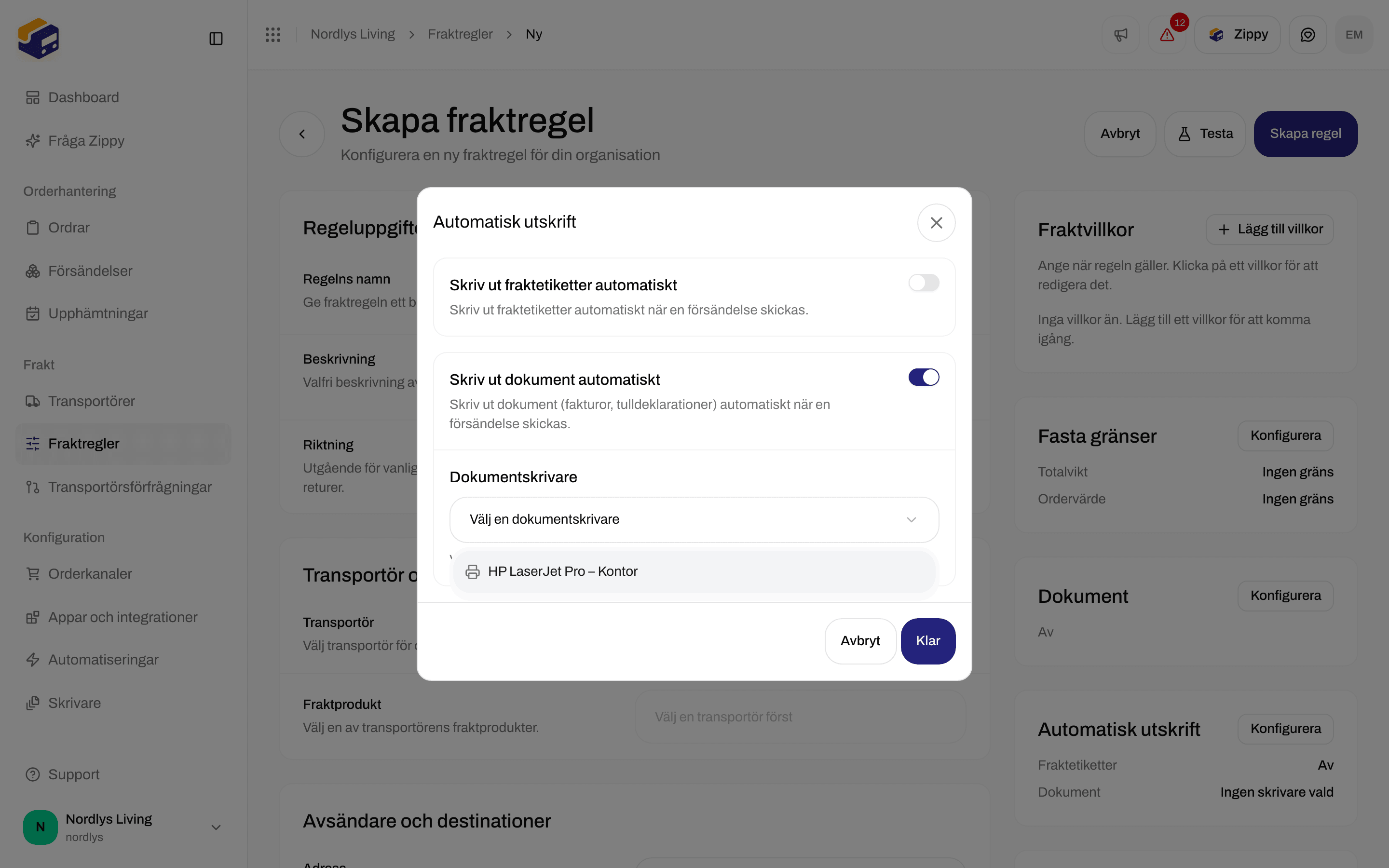 Dialogrutan Automatisk utskrift med Skriv ut dokument automatiskt påslaget och listan Dokumentskrivare