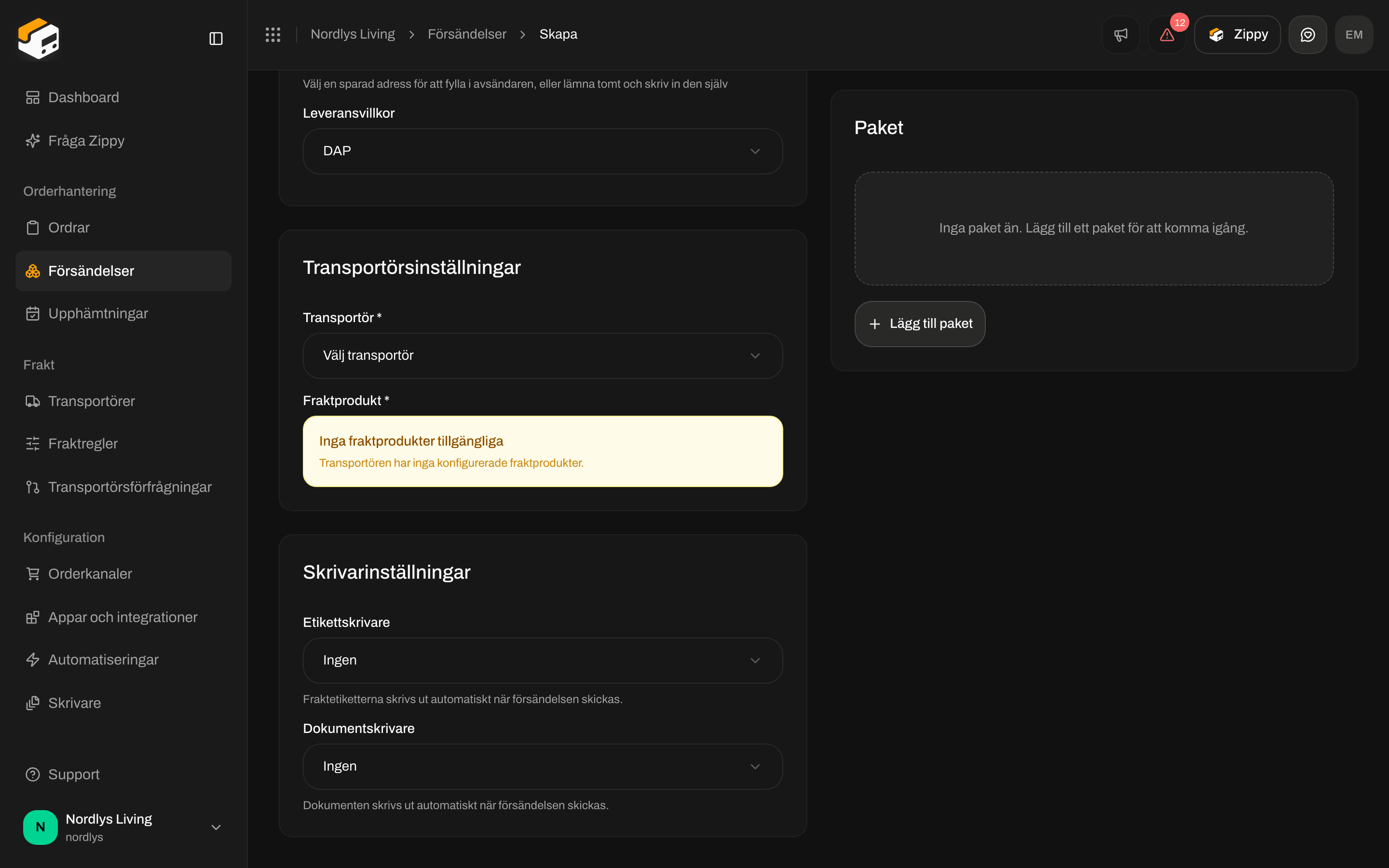 Rutan Skrivarinställningar på Skapa försändelse med Etikettskrivare och Dokumentskrivare inställda på Ingen