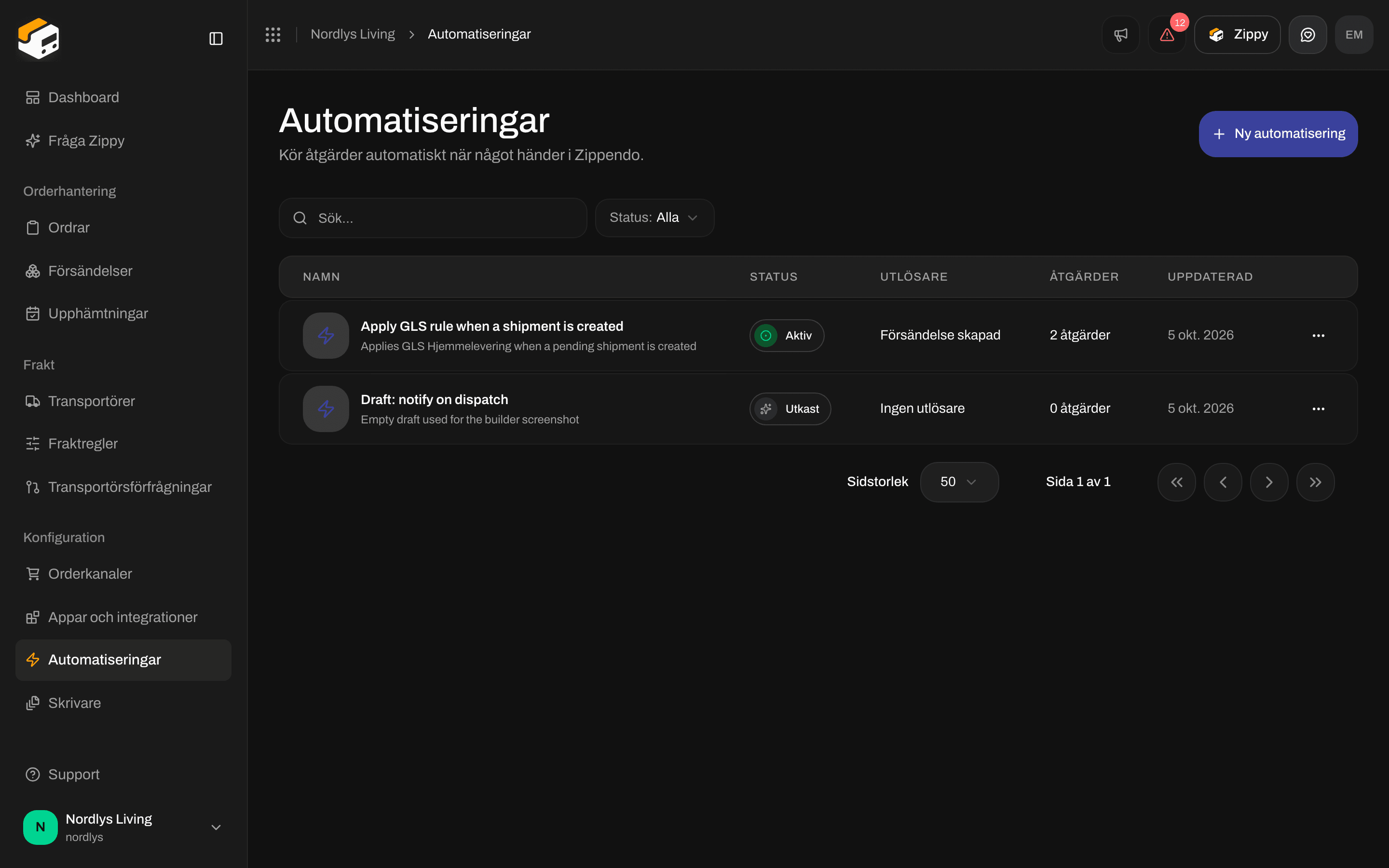 Sidan Automatiseringar med tabellen Alla automatiseringar och knappen Ny automatisering
