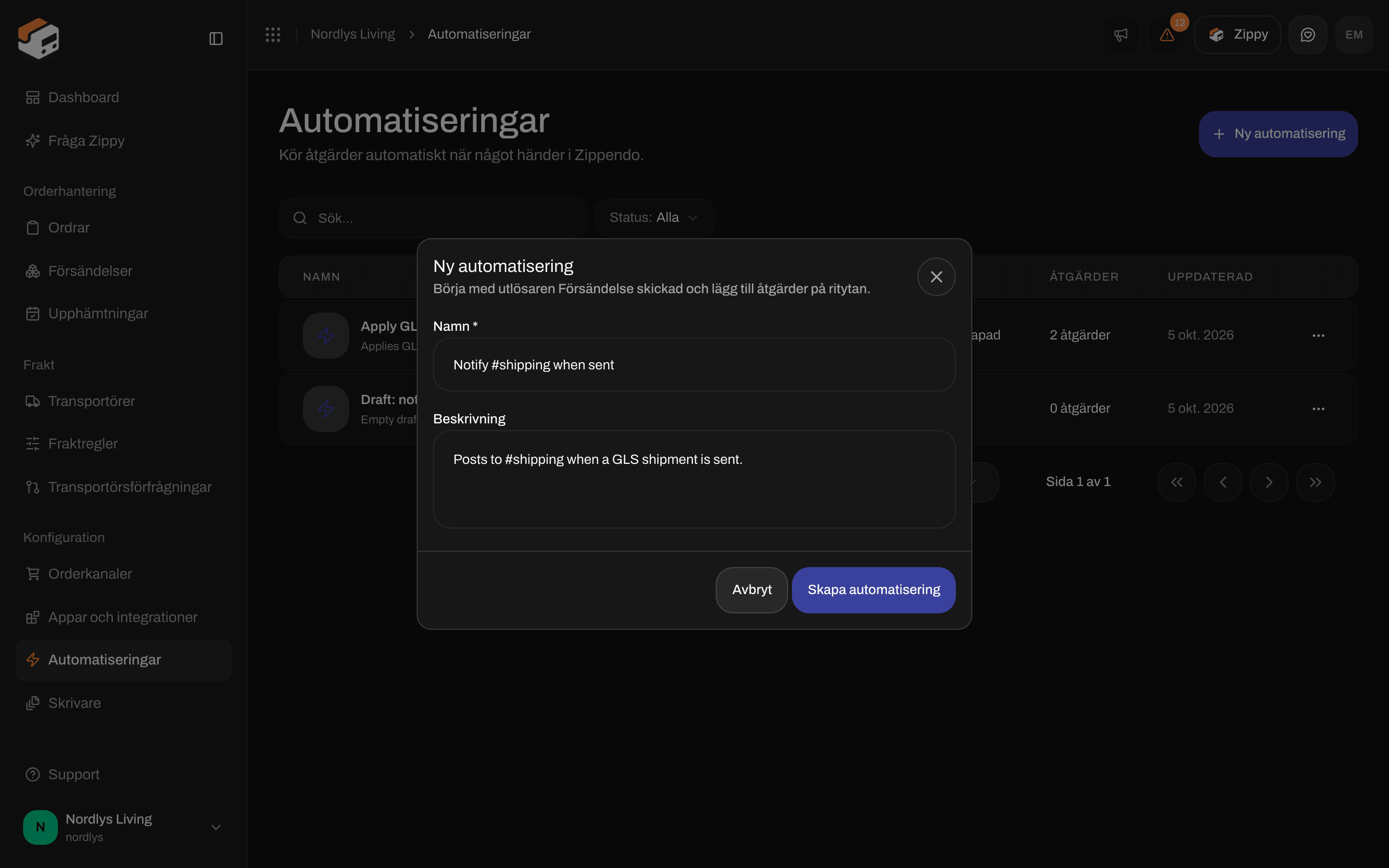 Fönstret Ny automatisering med Namn, Beskrivning, Avbryt och Skapa automatisering