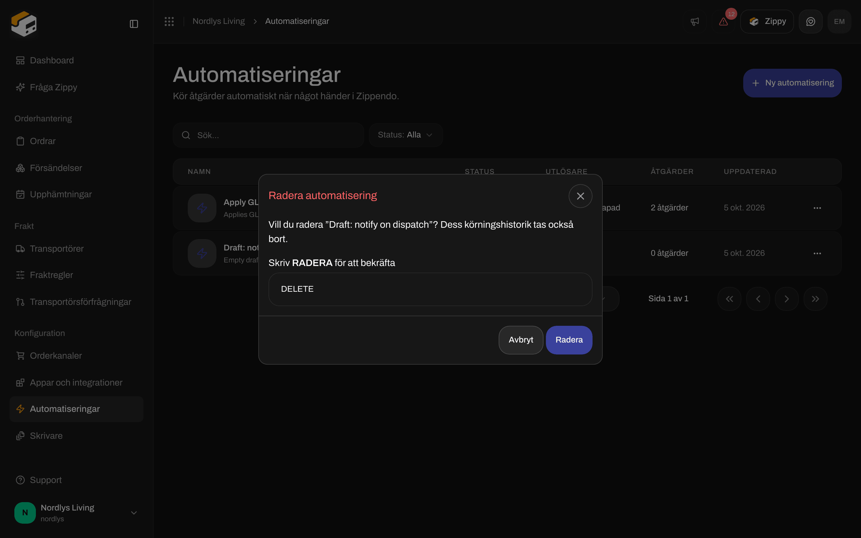 Fönstret Radera automatisering som ber dig skriva DELETE för att bekräfta