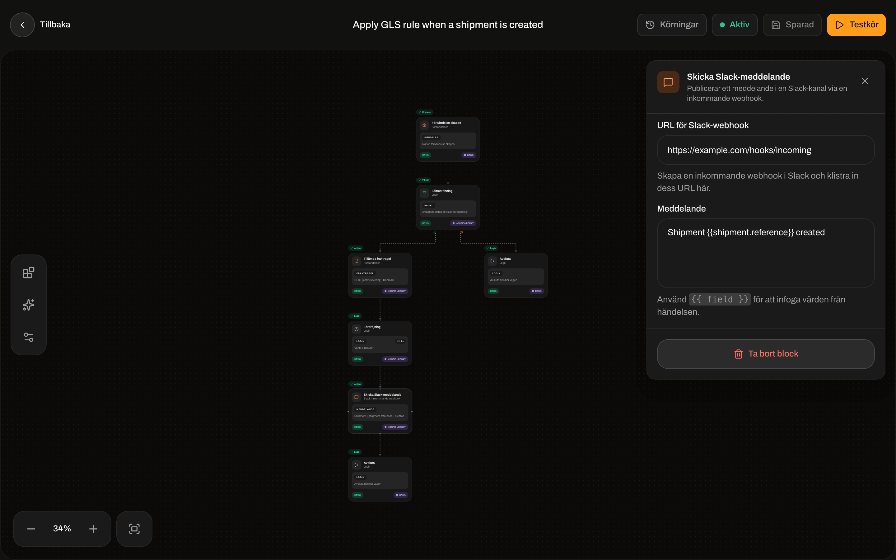 Inställningar för Skicka Slack-meddelande med URL för Slack-webhook och Meddelande