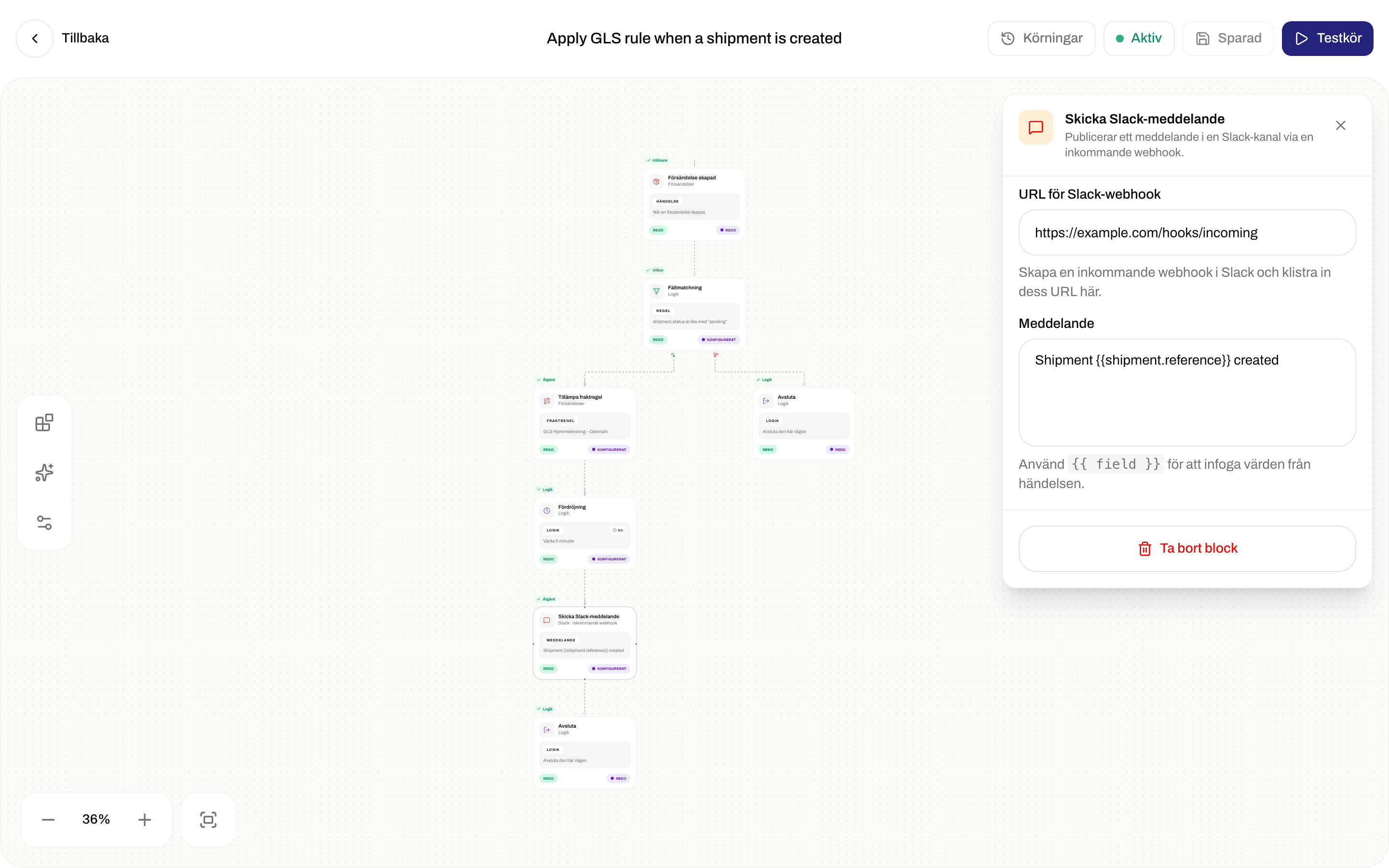 Inställningar för Skicka Slack-meddelande med URL för Slack-webhook och Meddelande