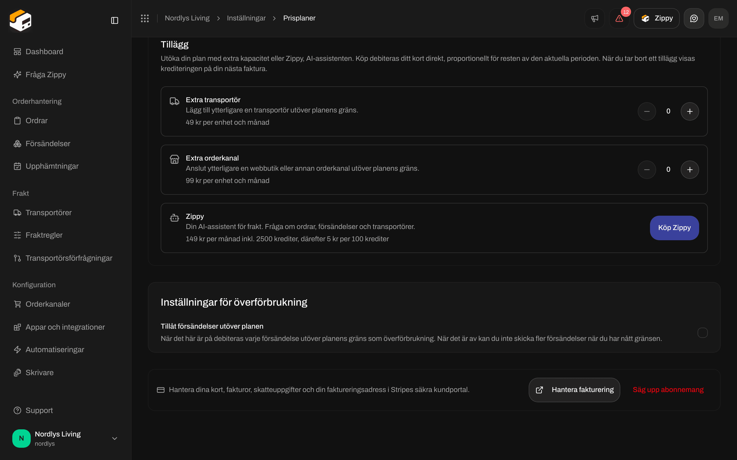 Inställningar för överförbrukning med Tillåt försändelser utöver planen och Hantera fakturering