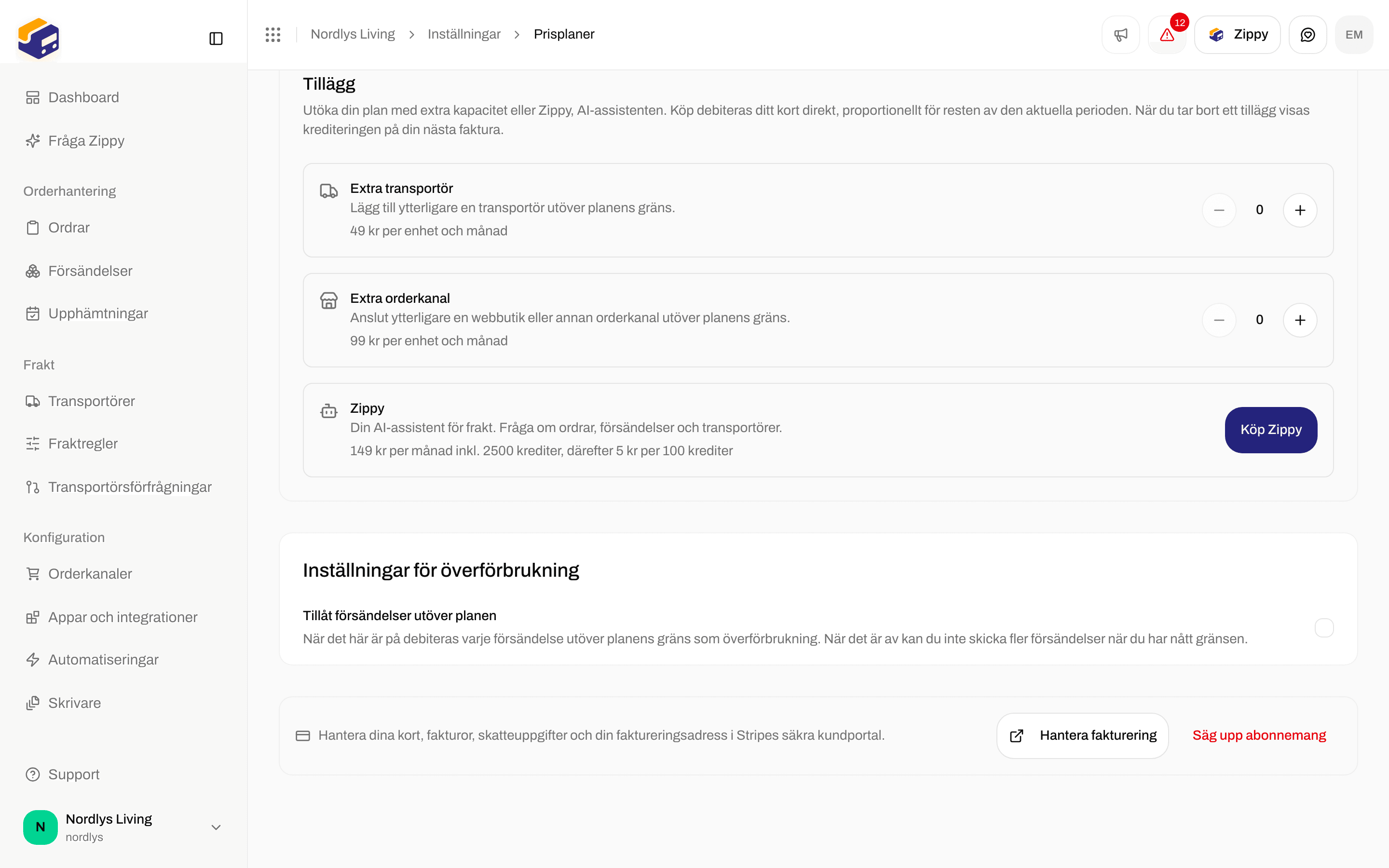 Inställningar för överförbrukning med Tillåt försändelser utöver planen och Hantera fakturering