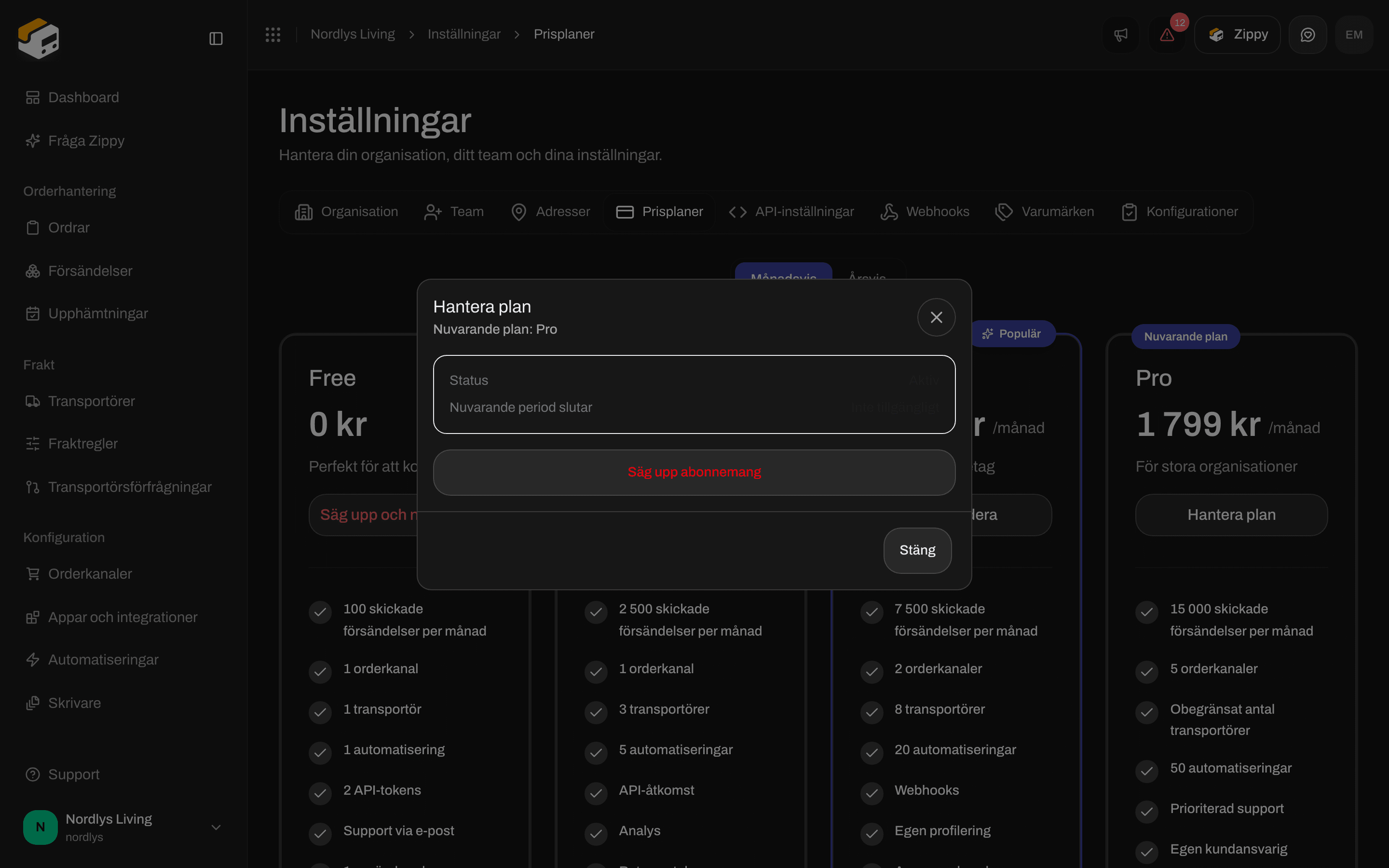 Fönstret Hantera plan med nuvarande plan, status och Säg upp abonnemang