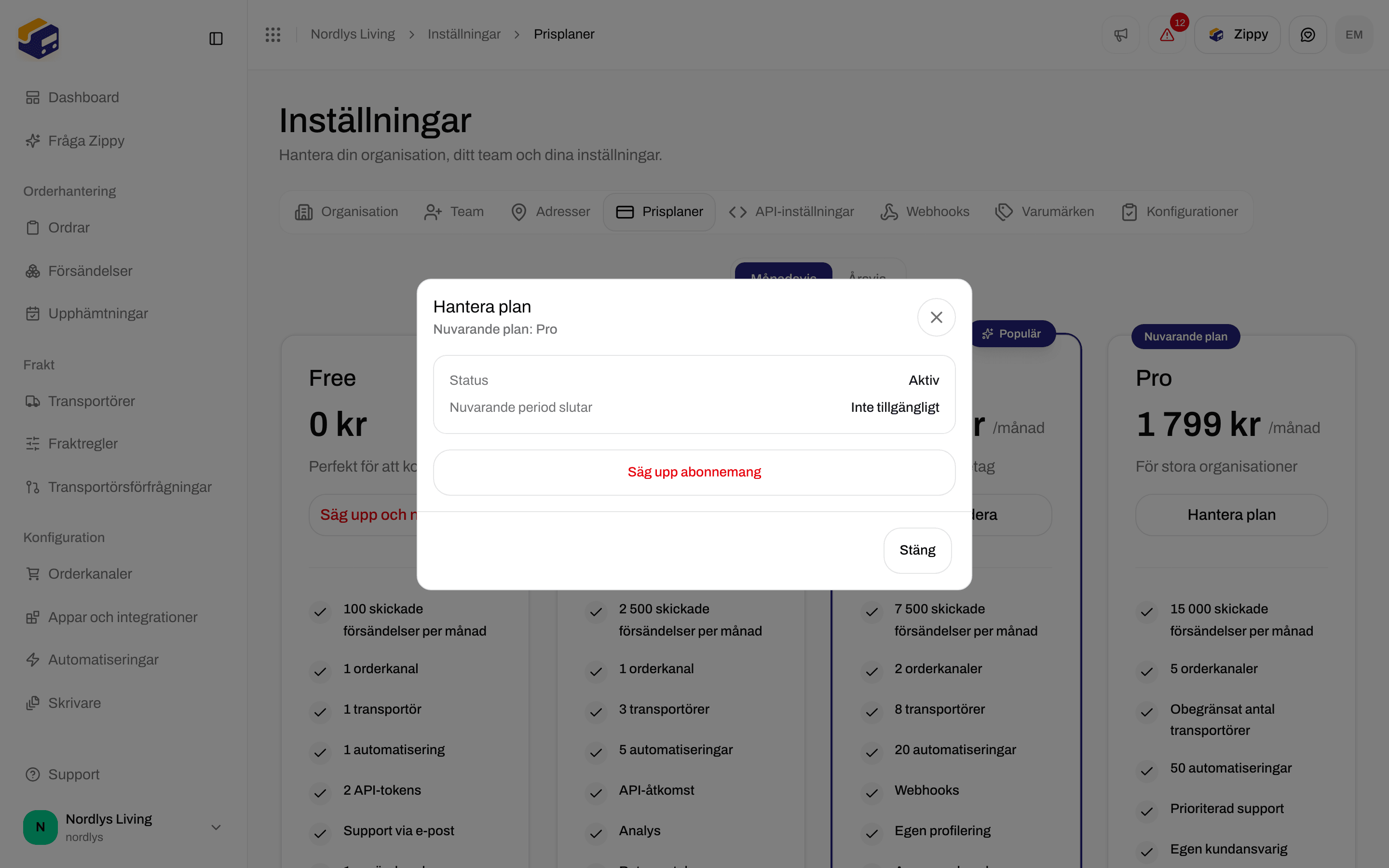 Fönstret Hantera plan med nuvarande plan, status och Säg upp abonnemang