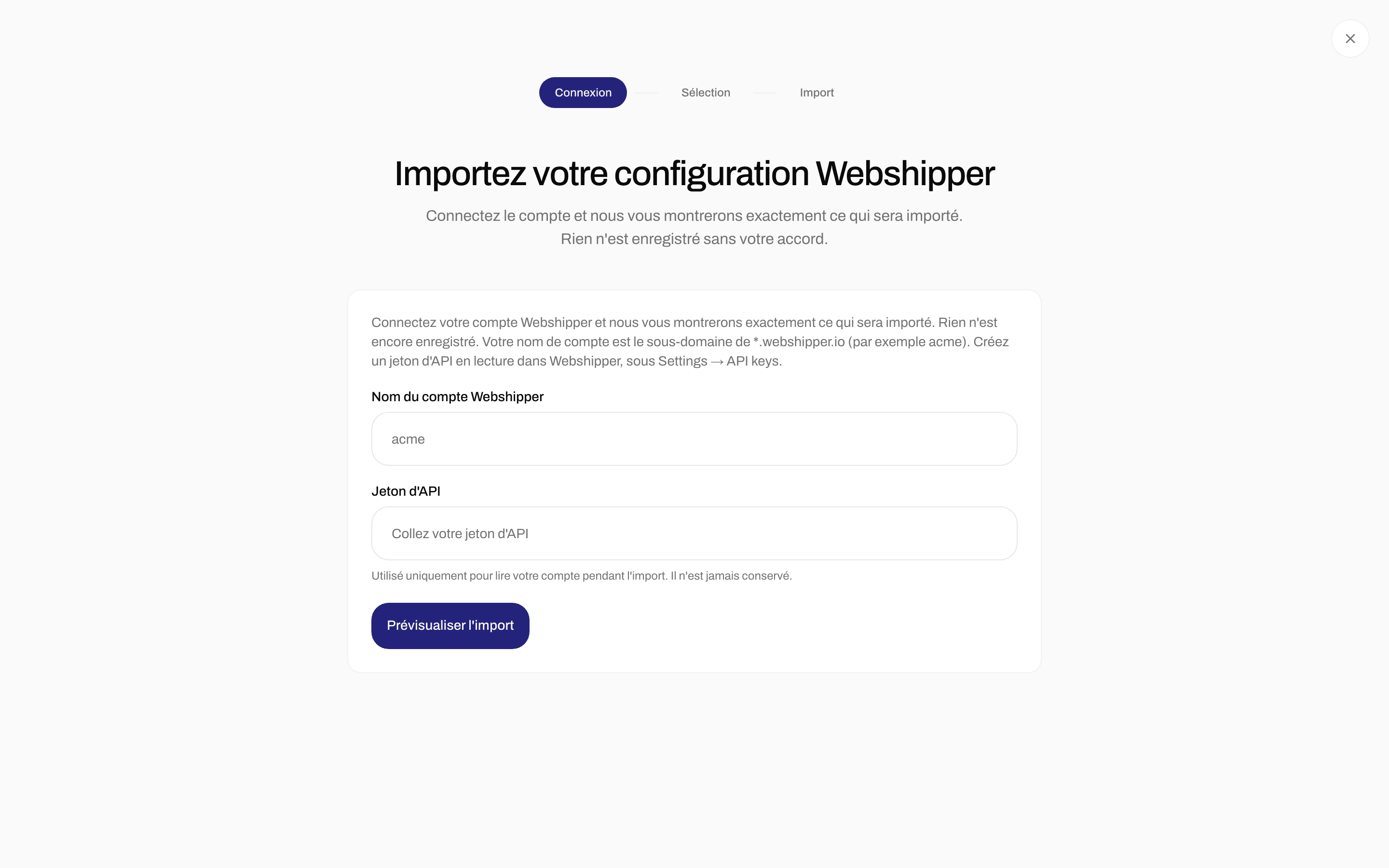 Formulaire d'import avec le nom du compte Webshipper, le jeton d'API et Prévisualiser l'import