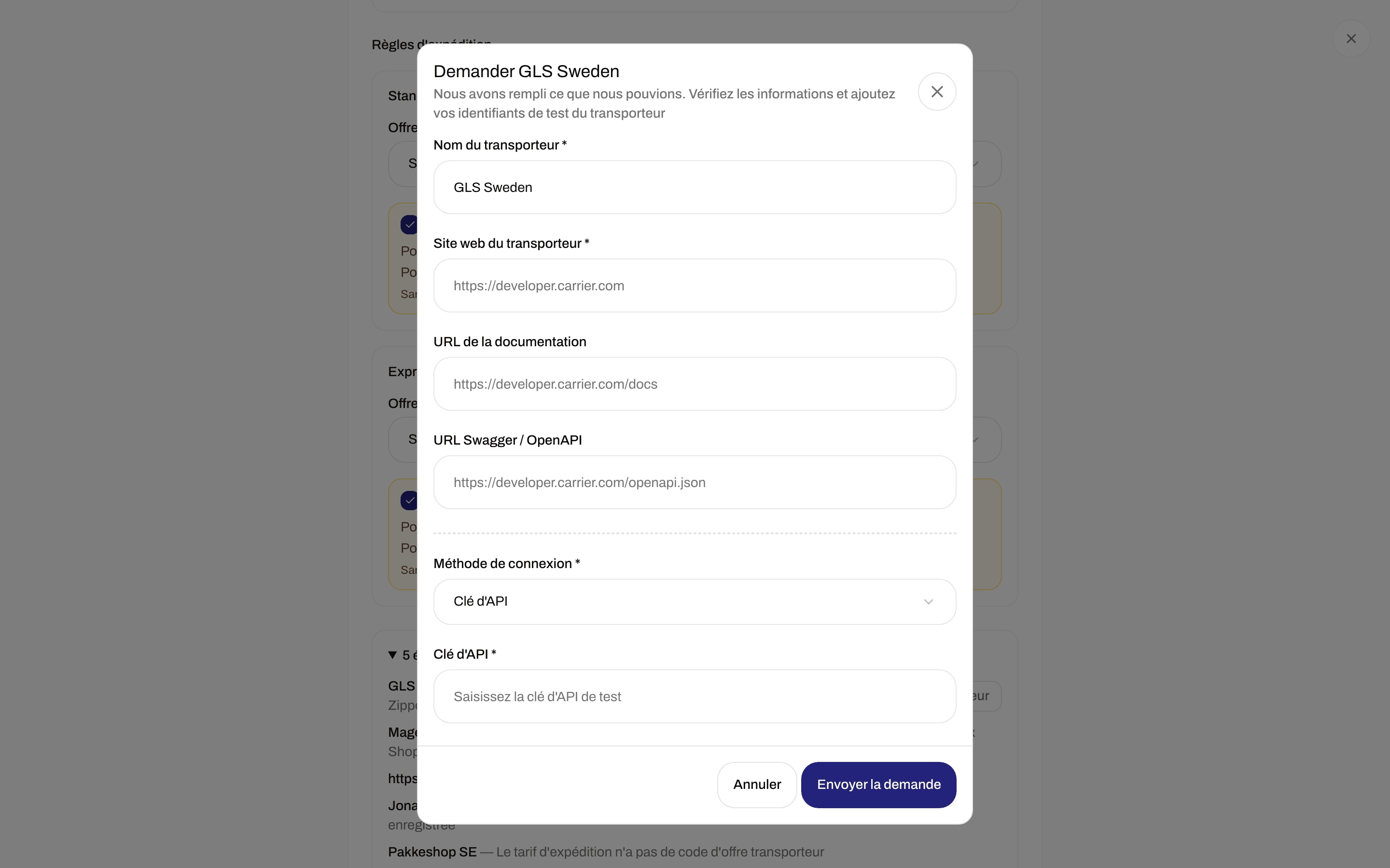 Fenêtre de demande de transporteur avec Nom du transporteur, Site web du transporteur, URL de la documentation, Méthode de connexion et Envoyer la demande