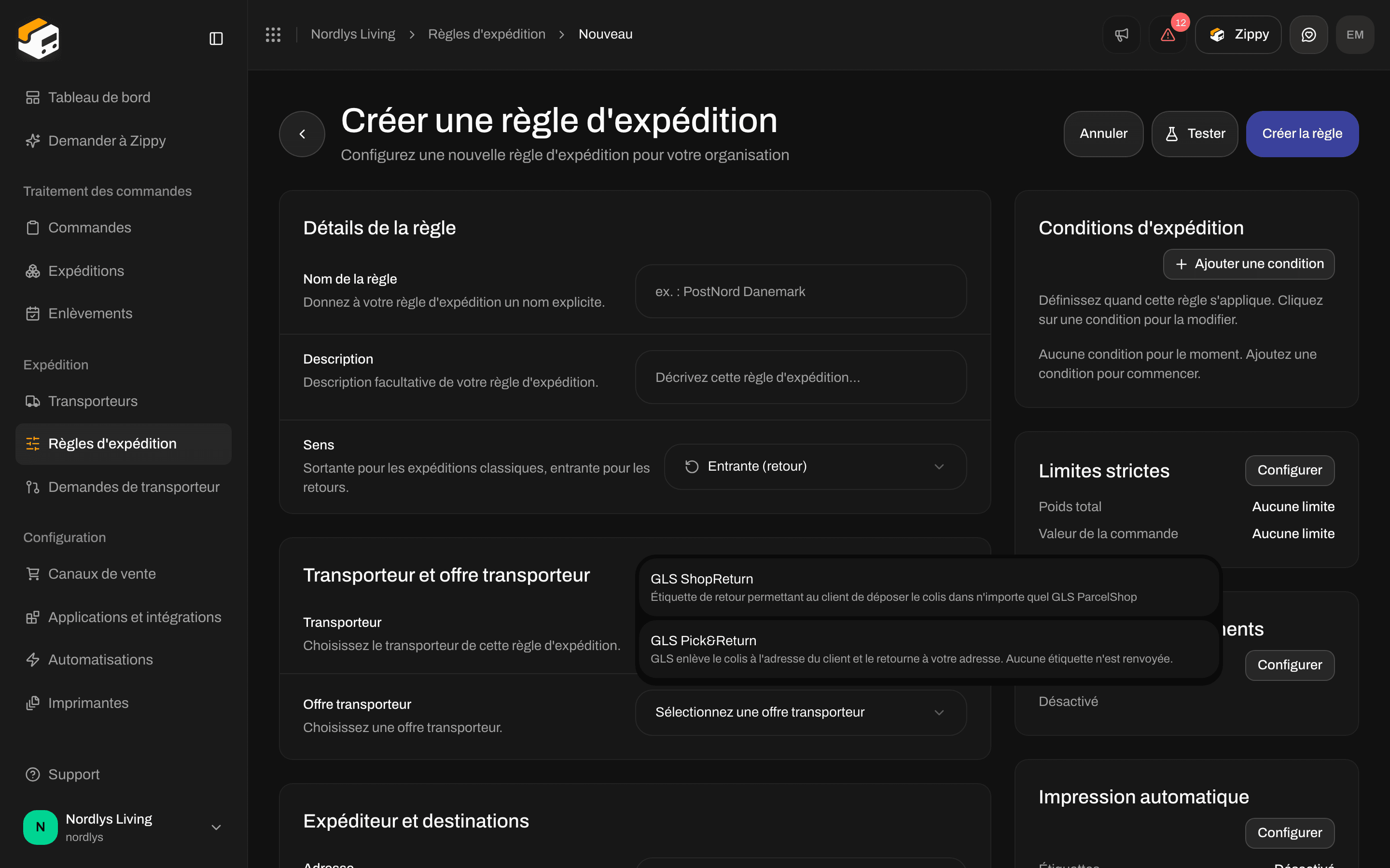 Liste des offres transporteur affichant GLS ShopReturn et GLS Pick&Return pour une règle de retour