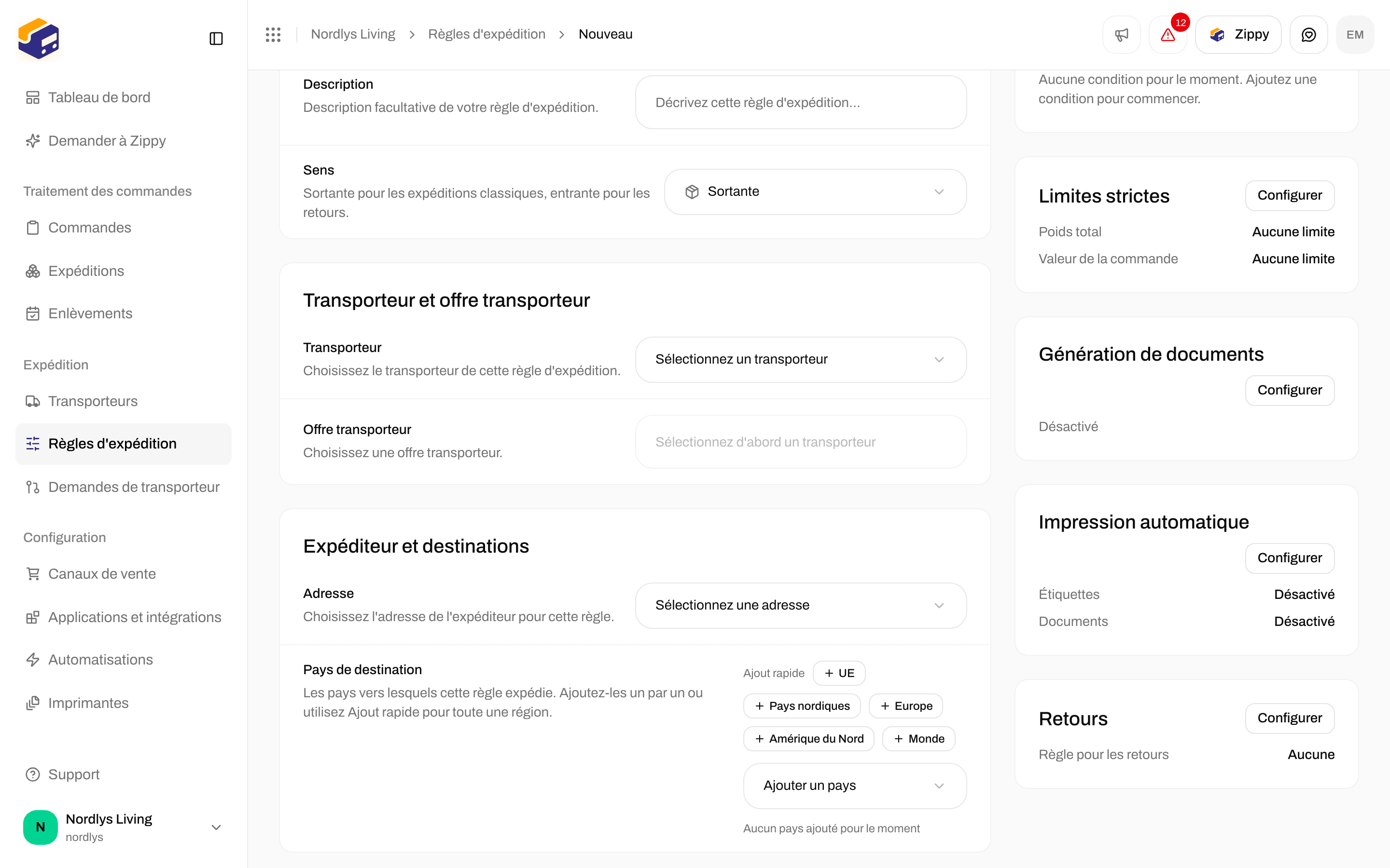 Section Retours avec Règle d'expédition pour les retours réglée sur Aucune