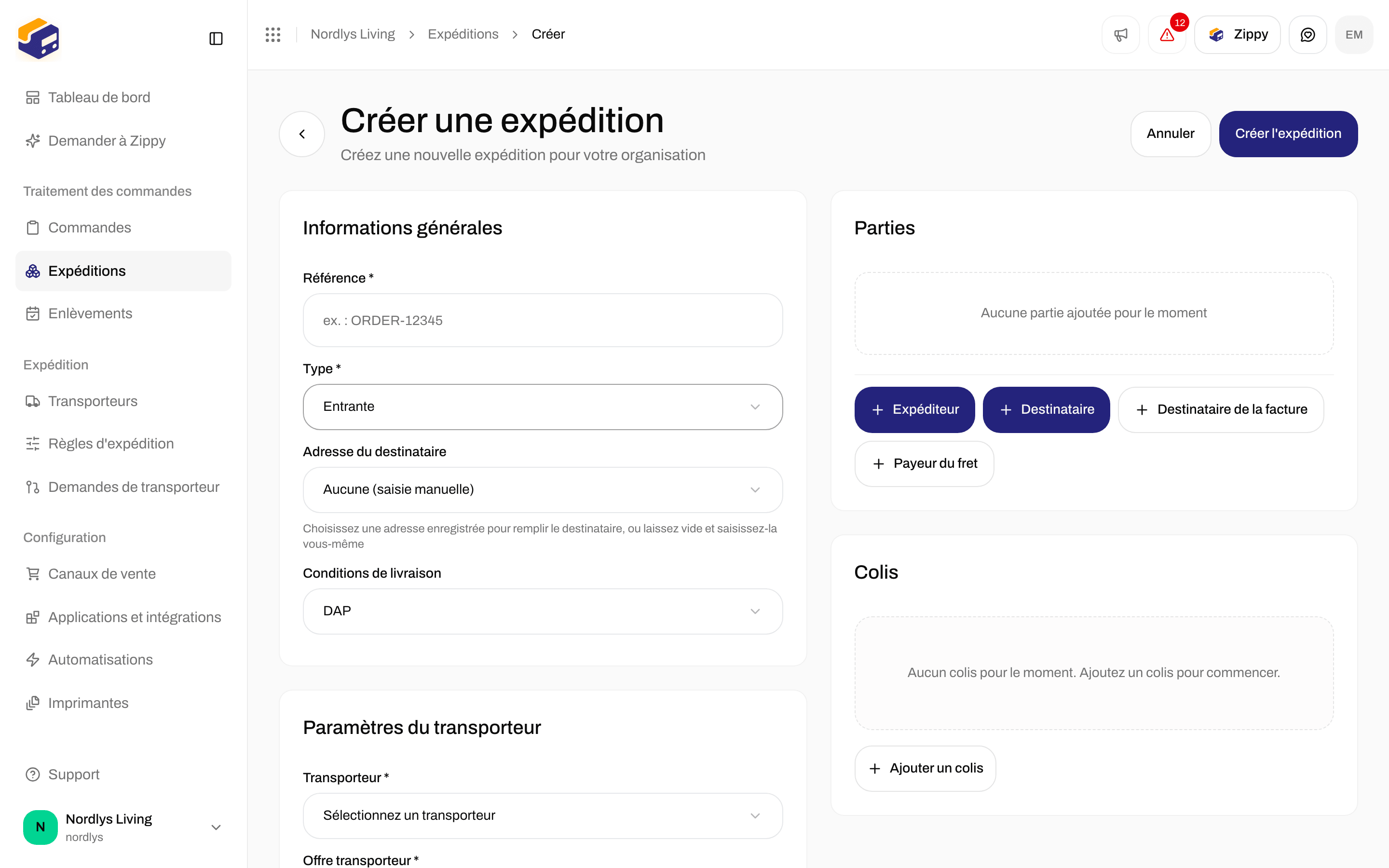 Formulaire Créer une expédition avec le Type Entrante et Adresse du destinataire
