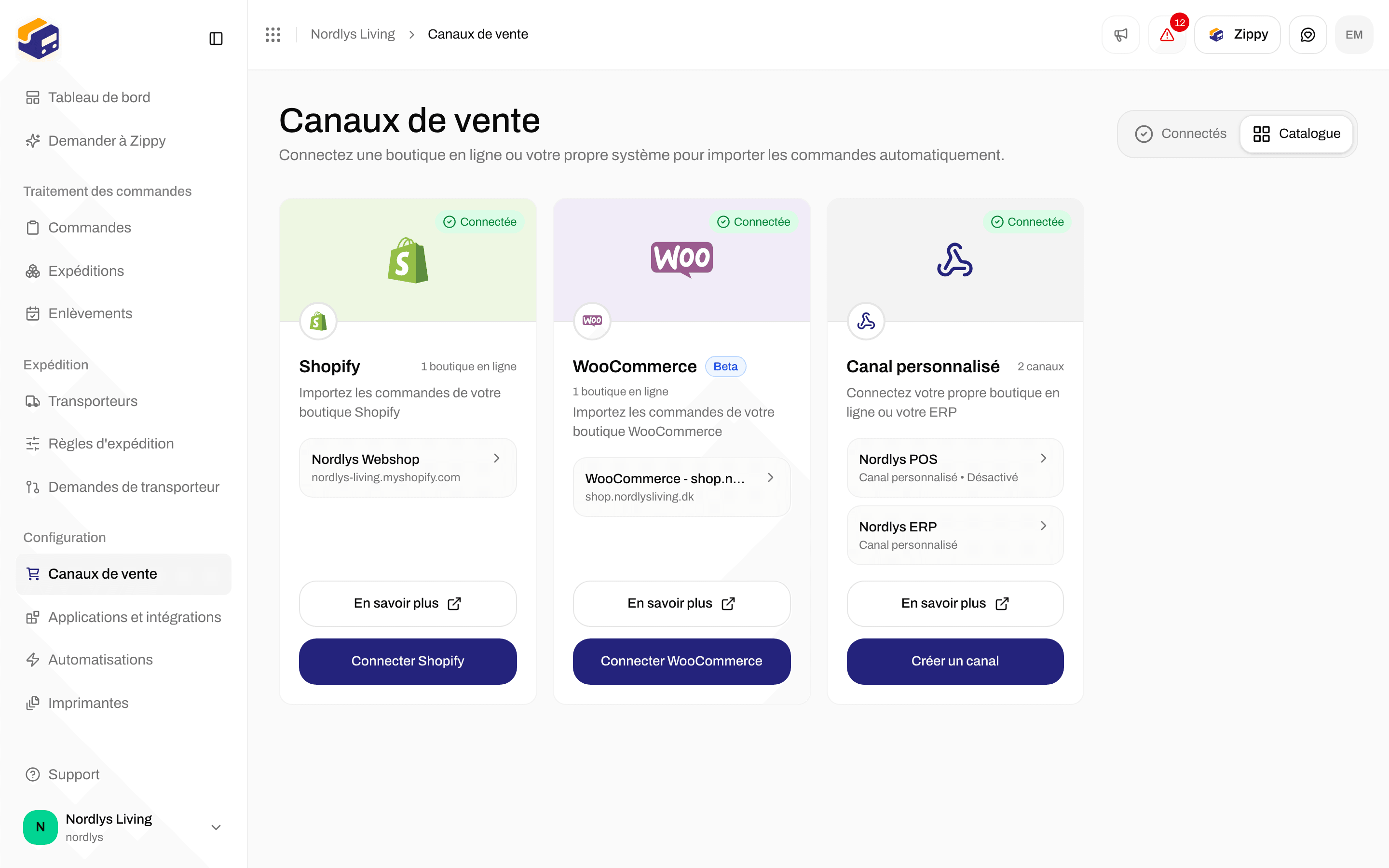 Catalogue des canaux de vente avec les cartes Shopify, WooCommerce et Canal personnalisé