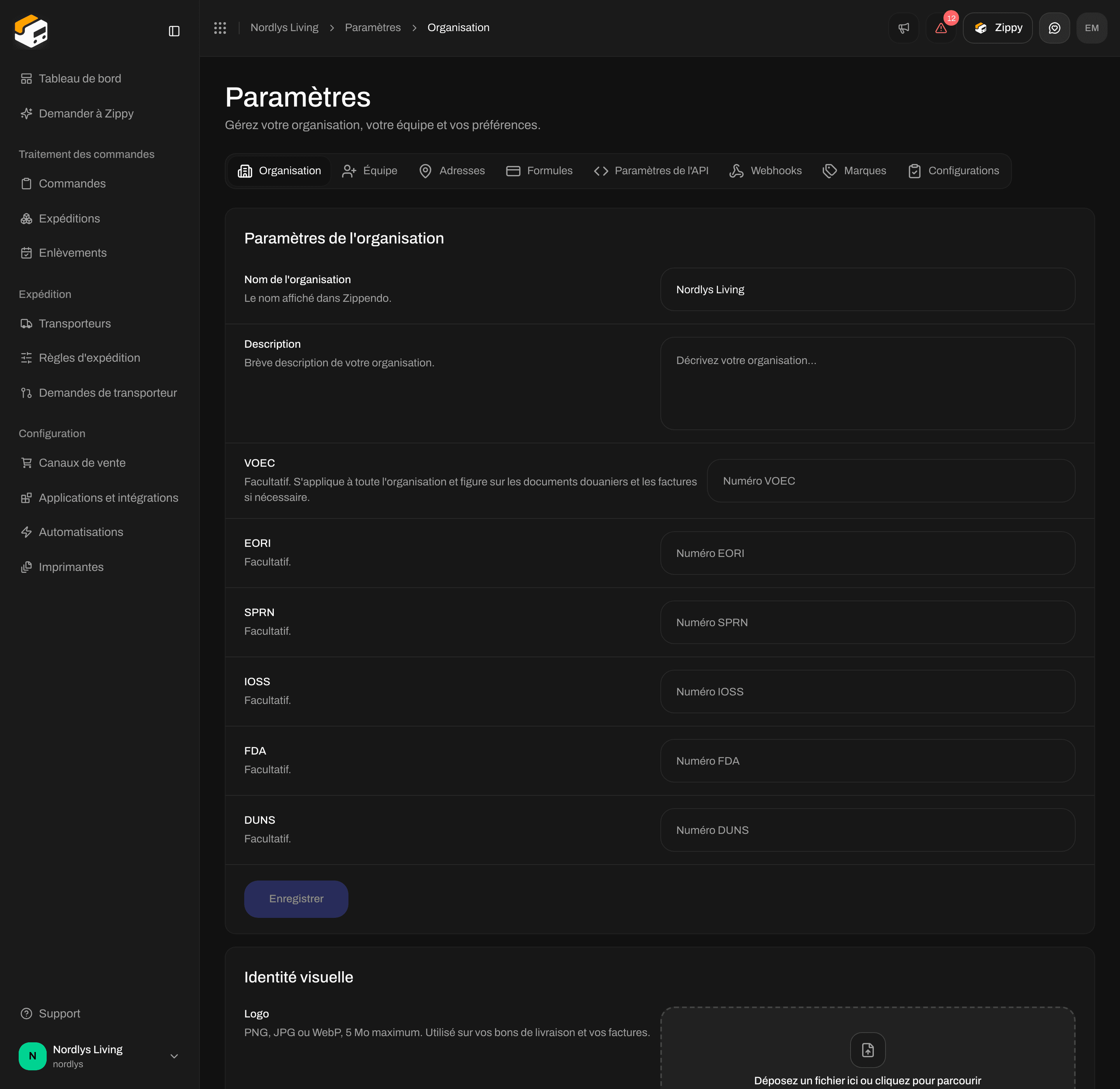 Paramètres de l'organisation avec Nom de l'organisation, Description, VOEC, EORI, SPRN et IOSS