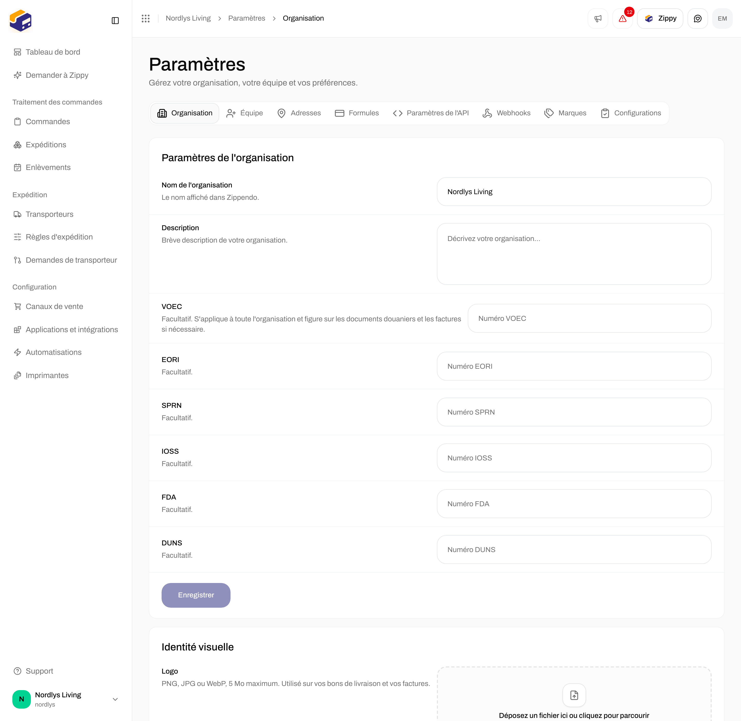Paramètres de l'organisation avec les champs douaniers VOEC à DUNS et Enregistrer