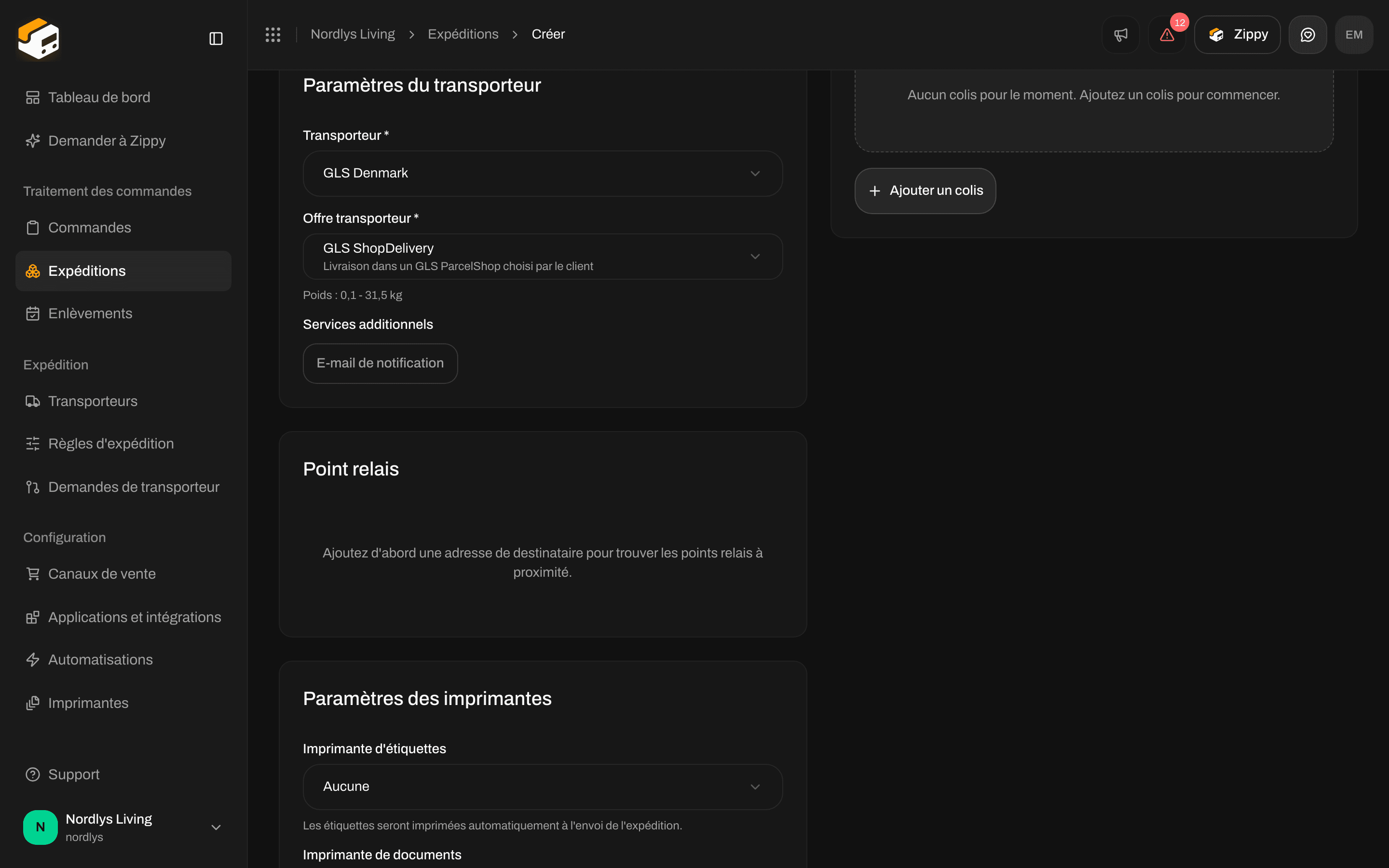 Créer une expédition avec GLS ShopDelivery sélectionné et la carte Point relais demandant d'abord une adresse de destinataire