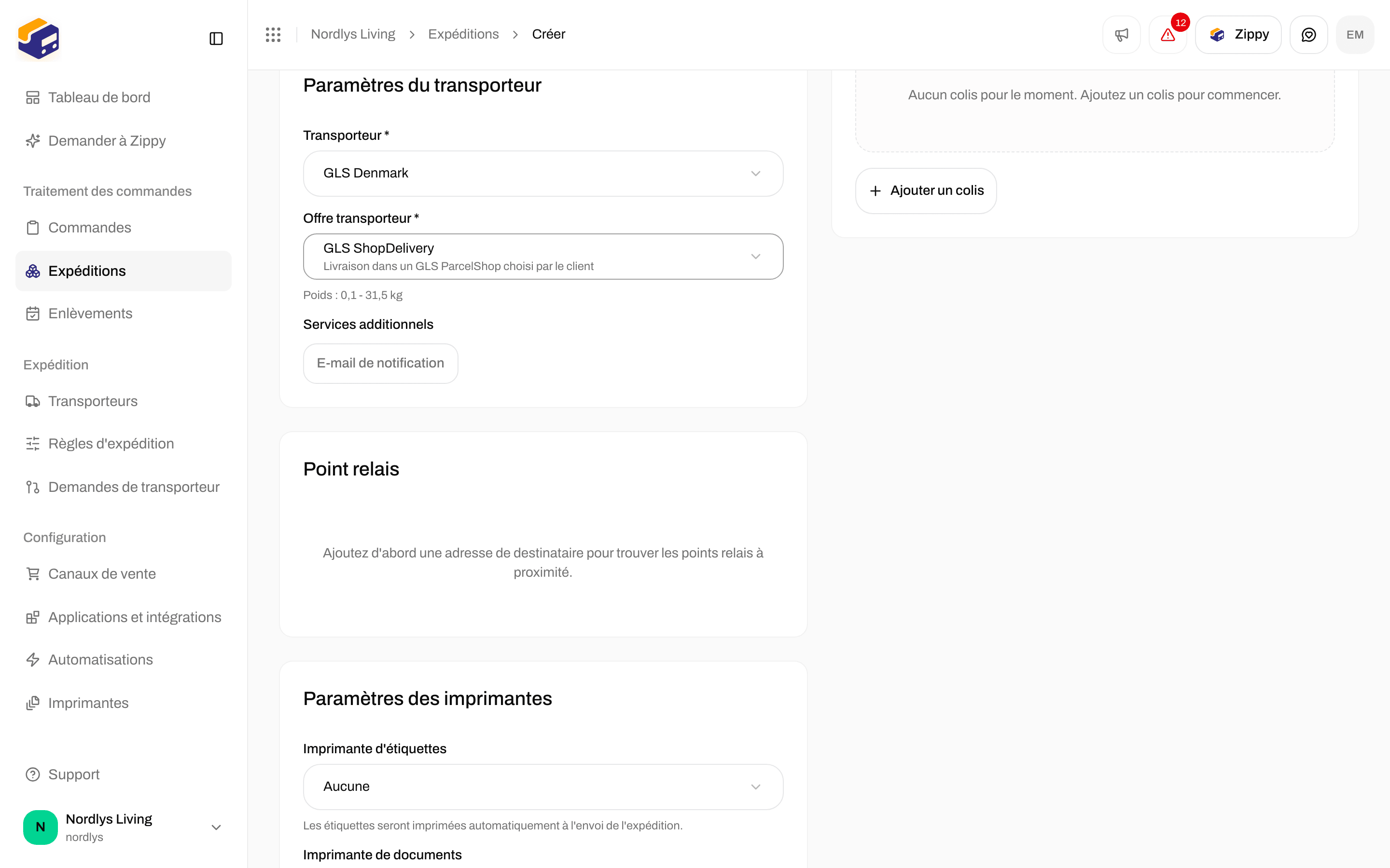 Créer une expédition avec GLS ShopDelivery sélectionné et la carte Point relais demandant d'abord une adresse de destinataire