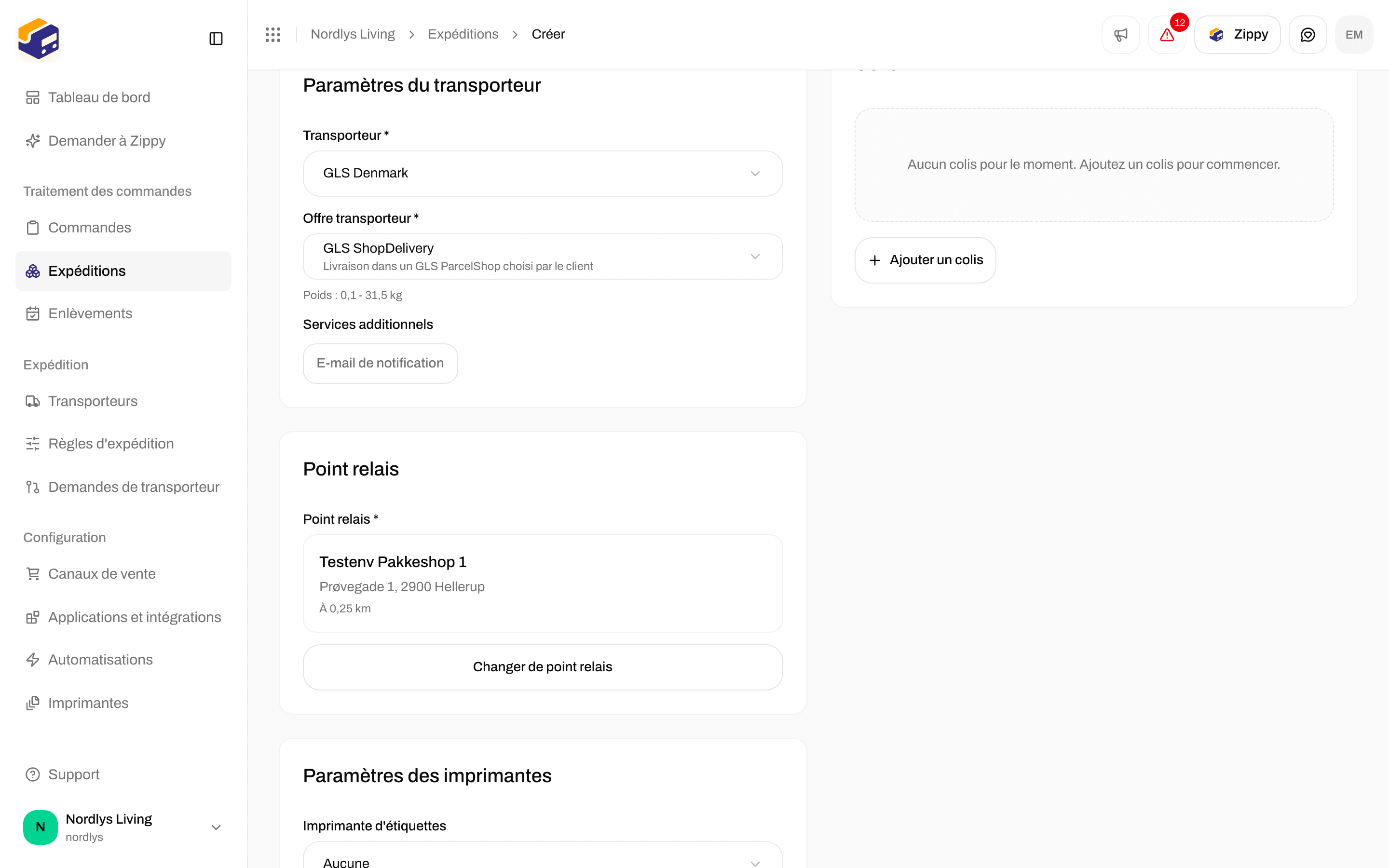 Carte Point relais avec un point relais choisi affichant son nom, son adresse et sa distance