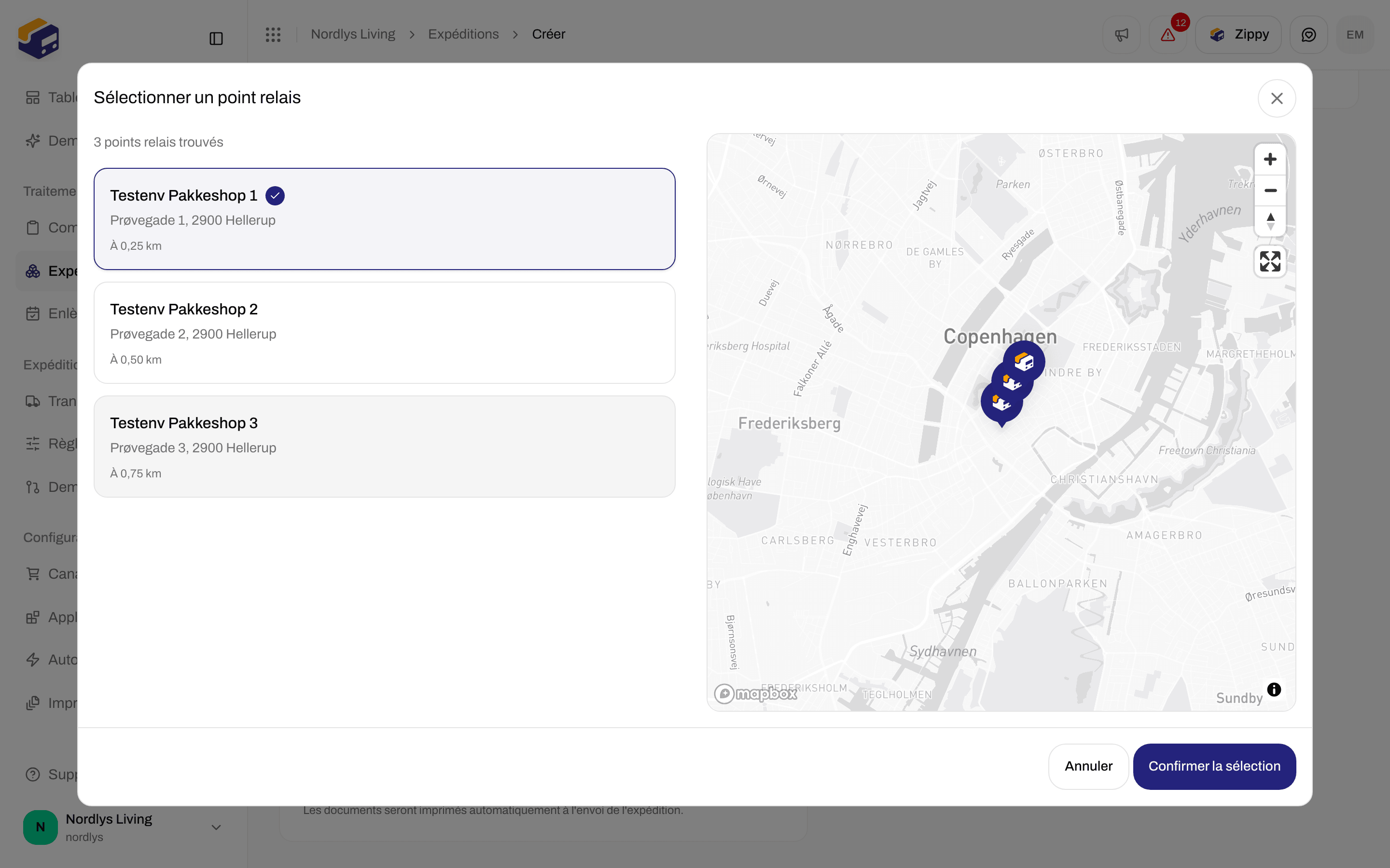Fenêtre Sélectionner un point relais listant les points relais à proximité à côté d'une carte