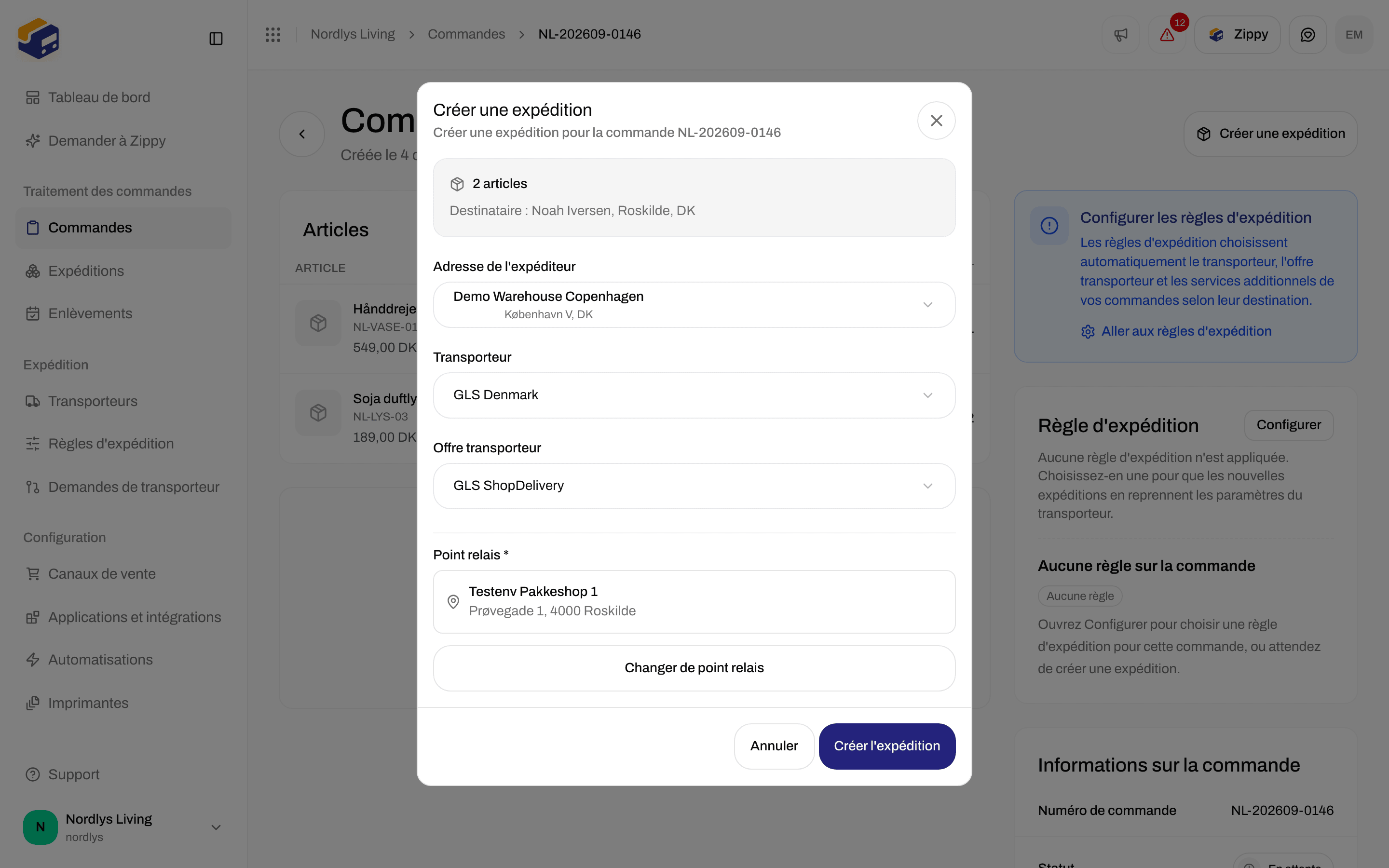 Fenêtre Créer une expédition avec GLS ShopDelivery et un point relais obligatoire