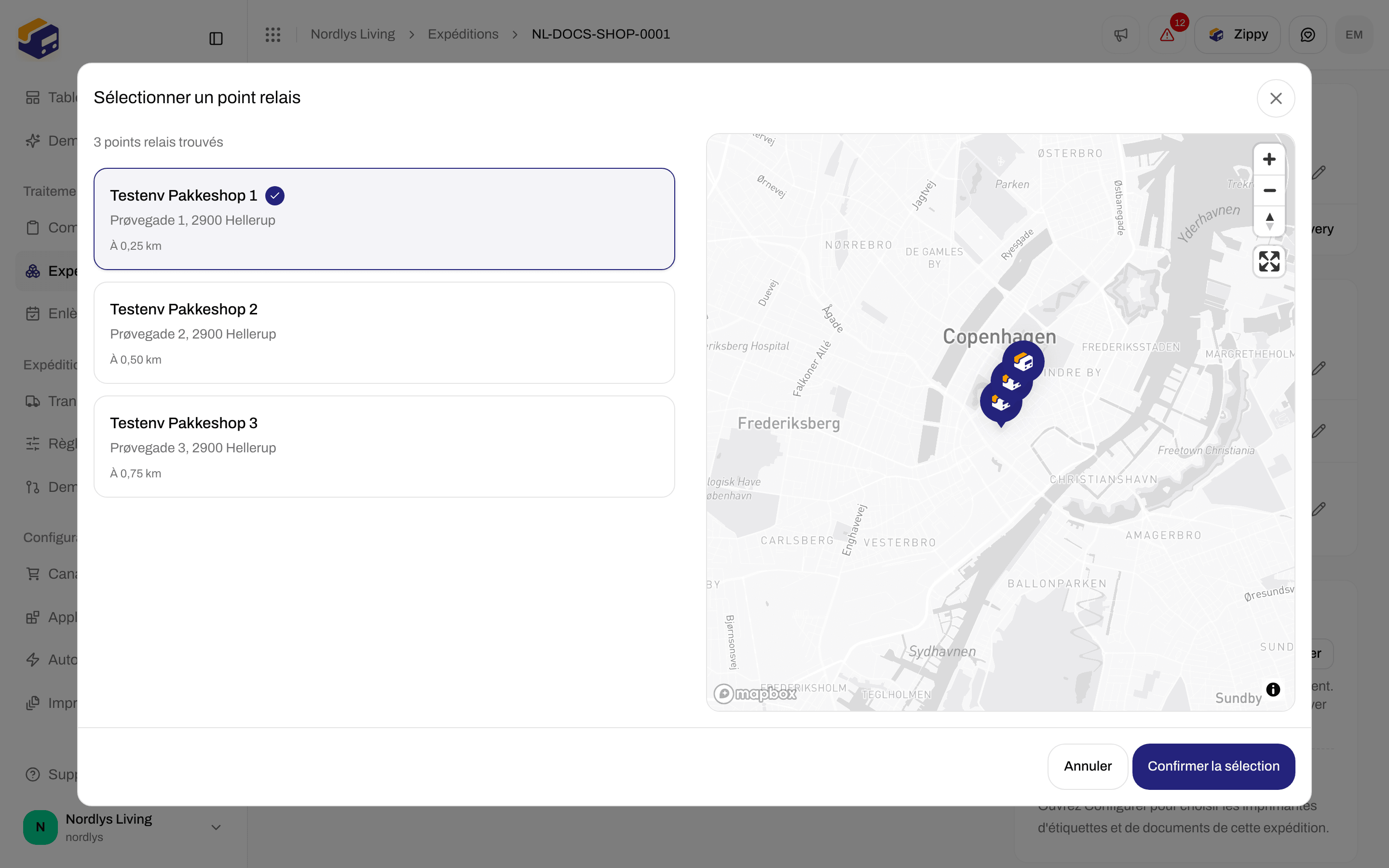 Fenêtre Sélectionner un point relais ouverte depuis la section Adresses de l'expédition pour changer le point relais