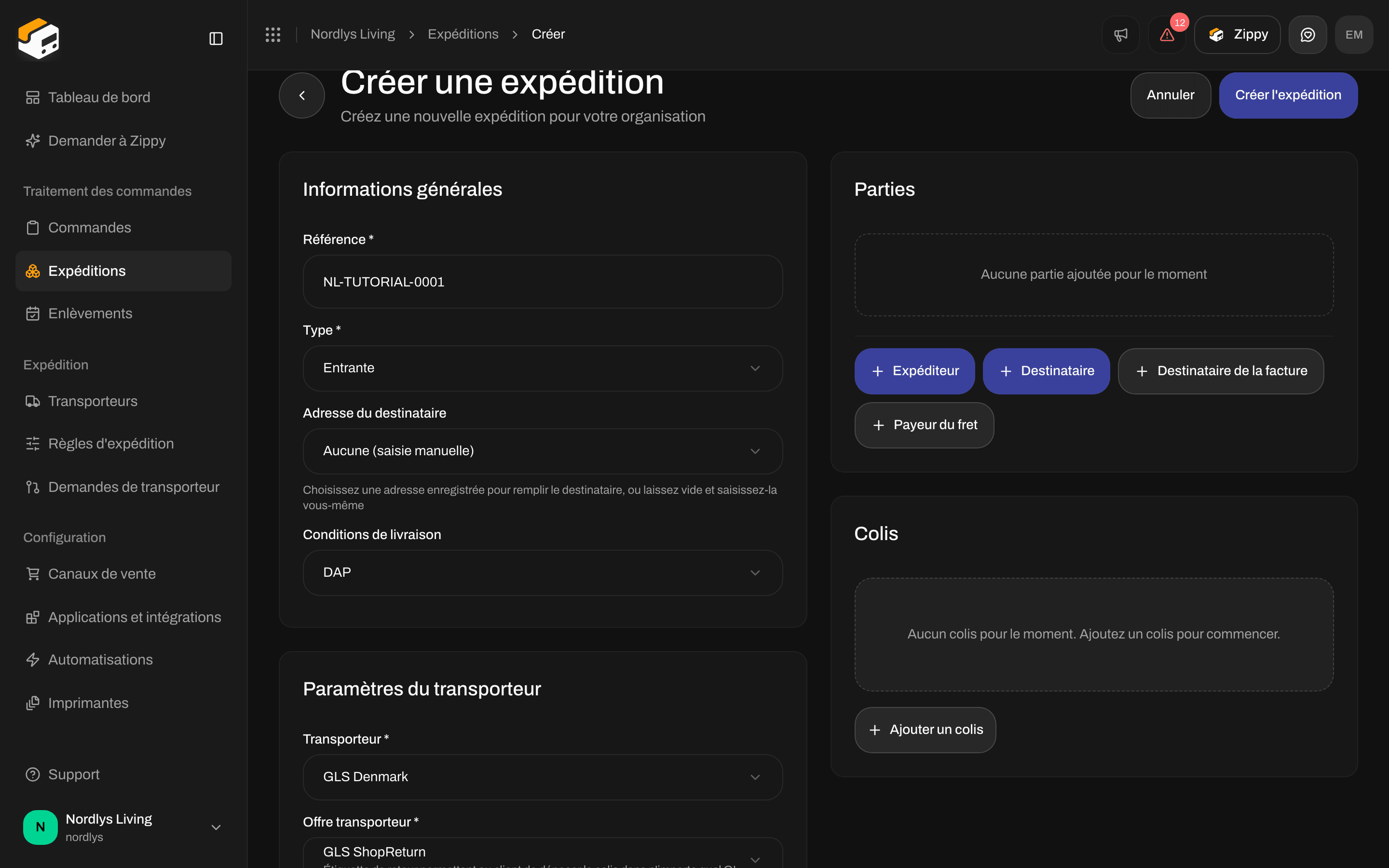 Créer une expédition avec Type Entrante et GLS ShopReturn sélectionné, avec les paramètres du transporteur et sans carte Point relais