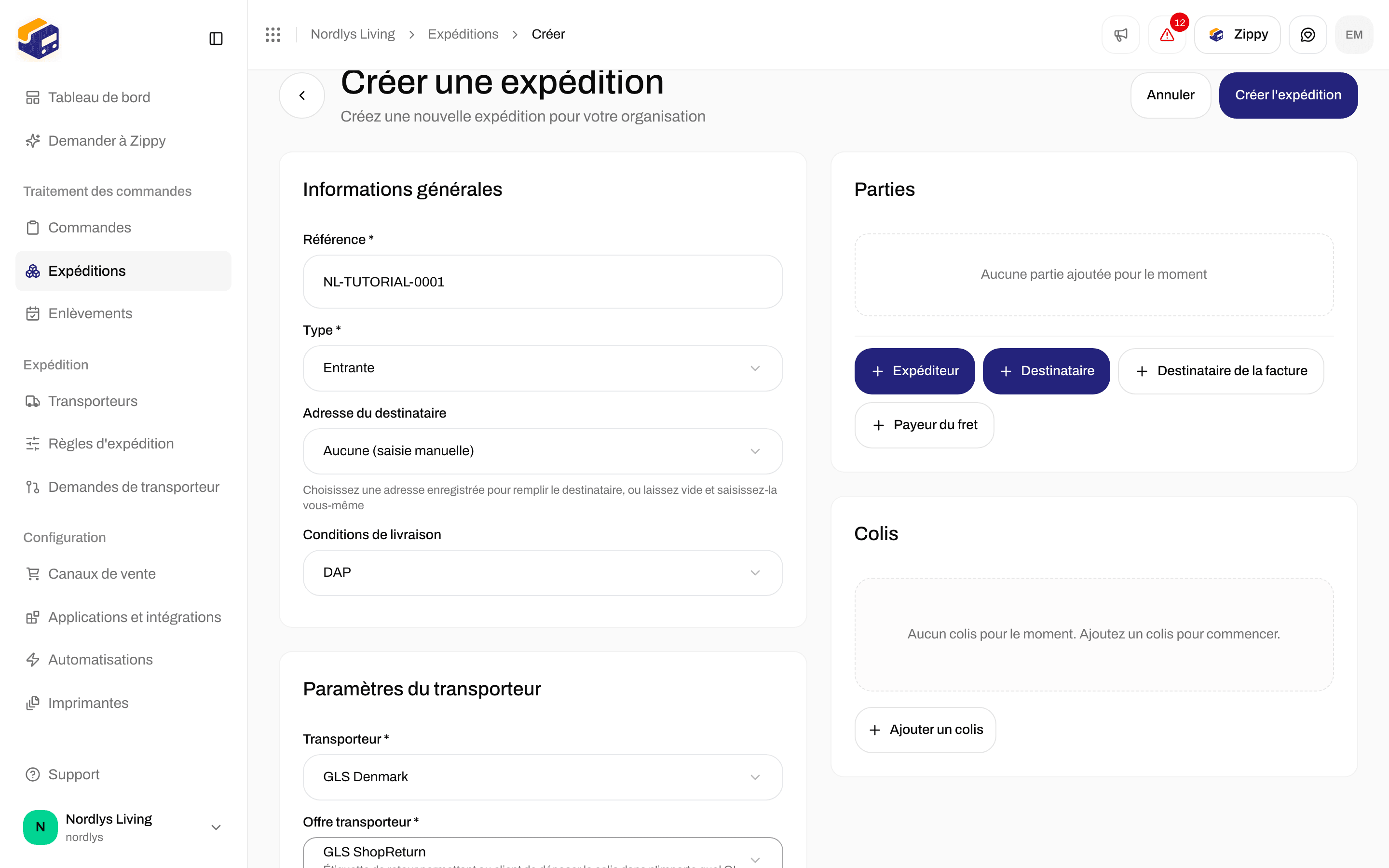 Créer une expédition avec Type Entrante et GLS ShopReturn sélectionné, avec les paramètres du transporteur et sans carte Point relais