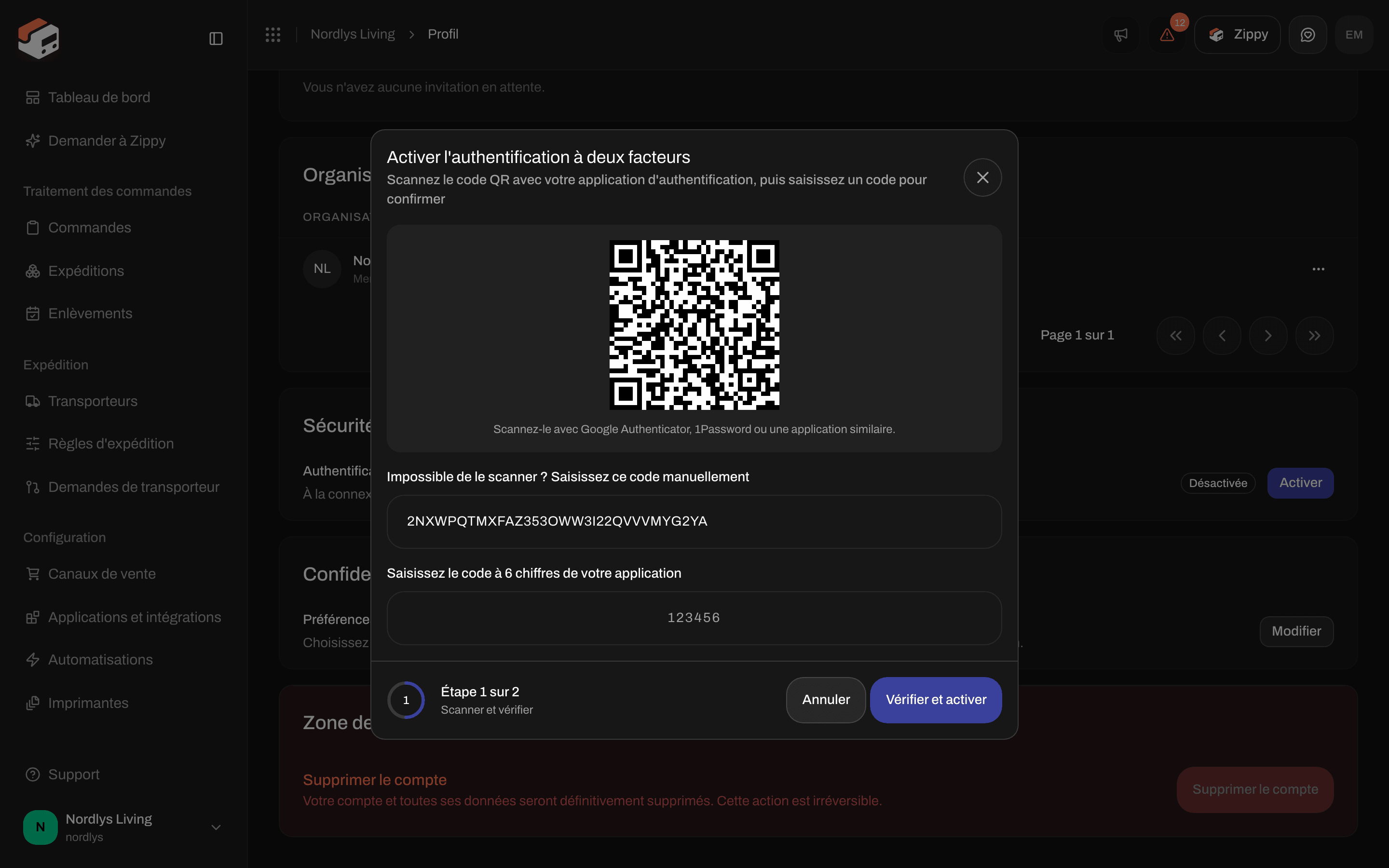 Fenêtre Activer l'authentification à deux facteurs avec un code QR et un champ pour le code à 6 chiffres