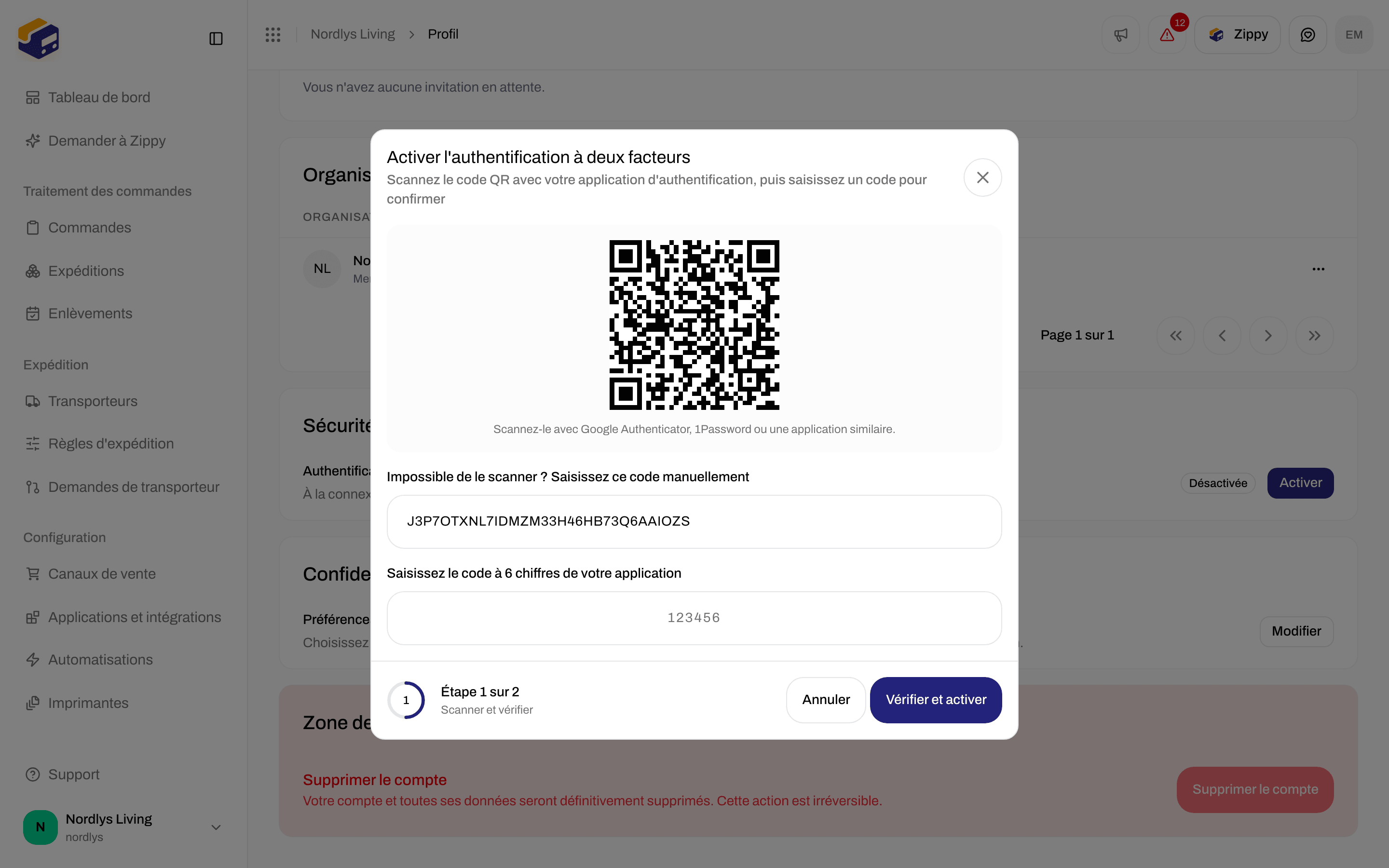 Fenêtre Activer l'authentification à deux facteurs avec un code QR et un champ pour le code à 6 chiffres