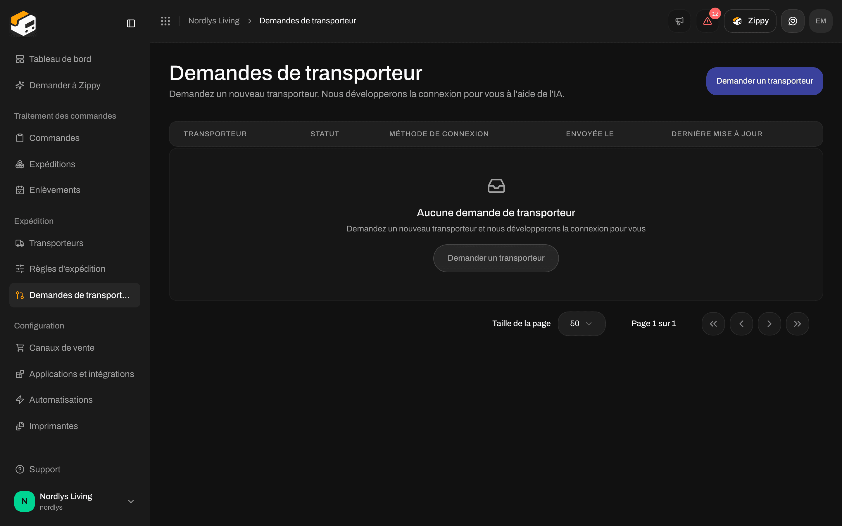 Page Demandes de transporteur sans demande pour le moment et le bouton Demander un transporteur