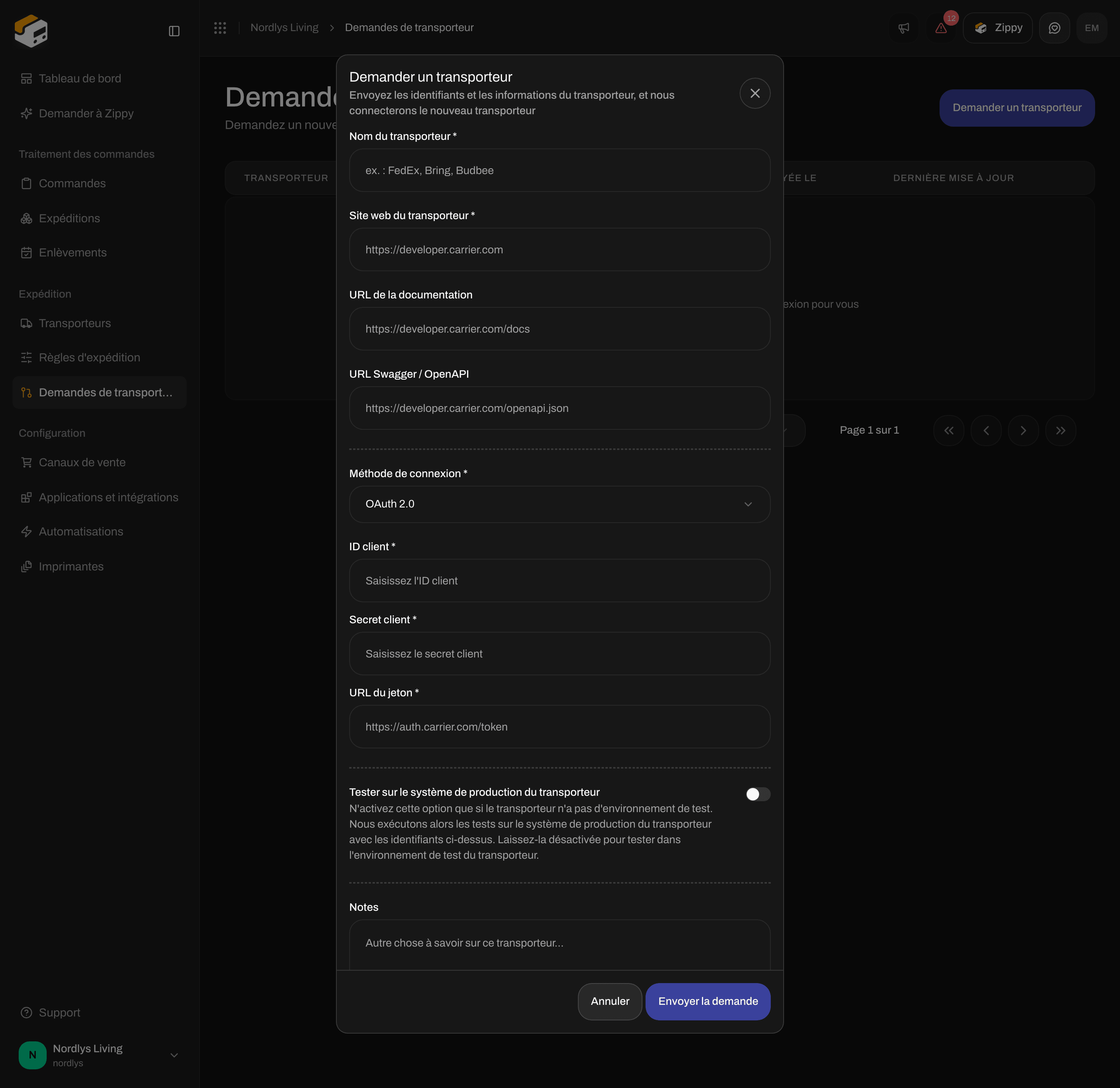 Fenêtre Demander un transporteur avec la méthode de connexion OAuth 2.0 et les champs ID client, Secret client et URL du jeton