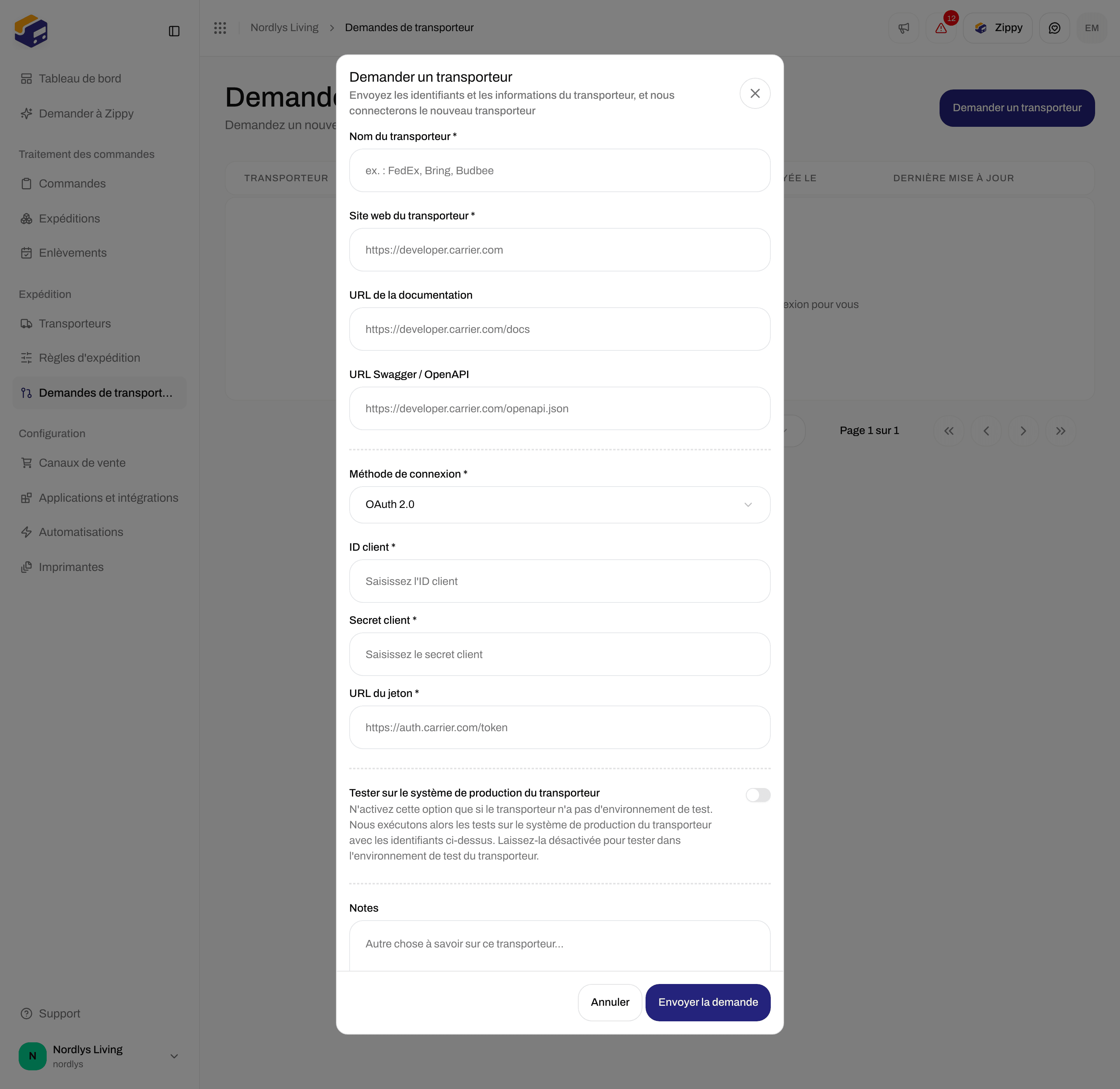 Fenêtre Demander un transporteur avec la méthode de connexion OAuth 2.0 et les champs ID client, Secret client et URL du jeton