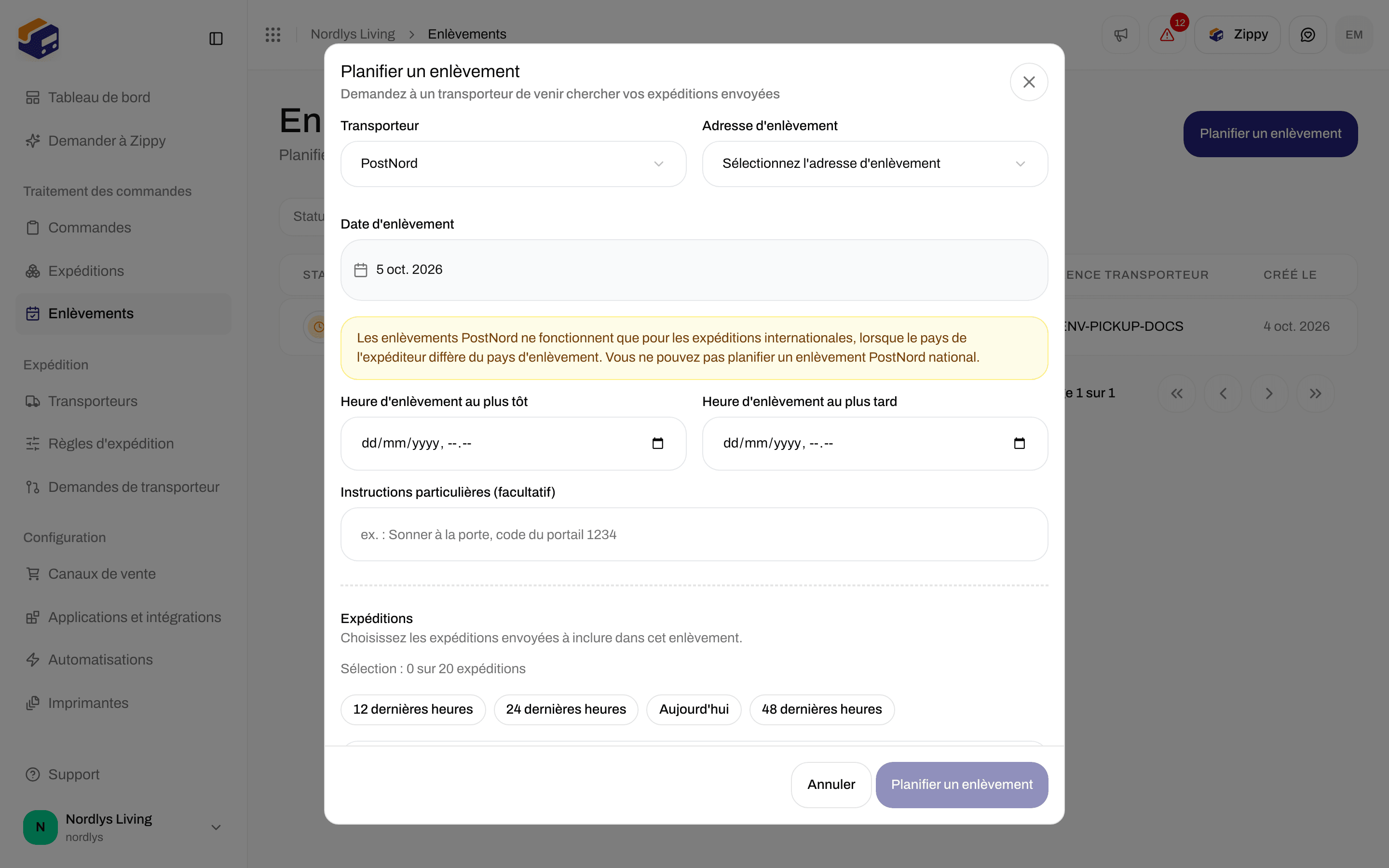 Liste des expéditions de Planifier un enlèvement avec les boutons 12 dernières heures et les expéditions envoyées
