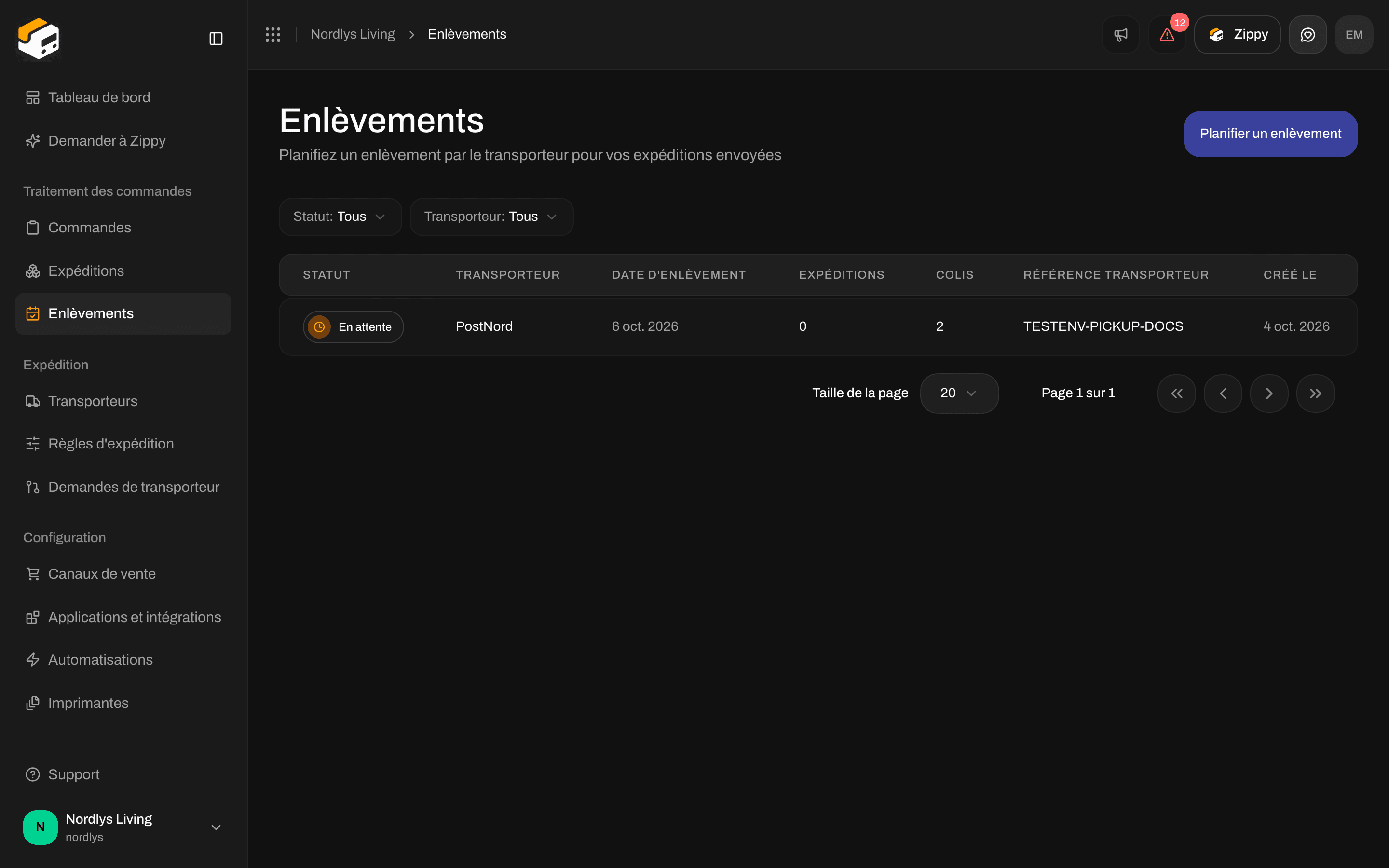 Filtres des enlèvements avec Statut et Transporteur