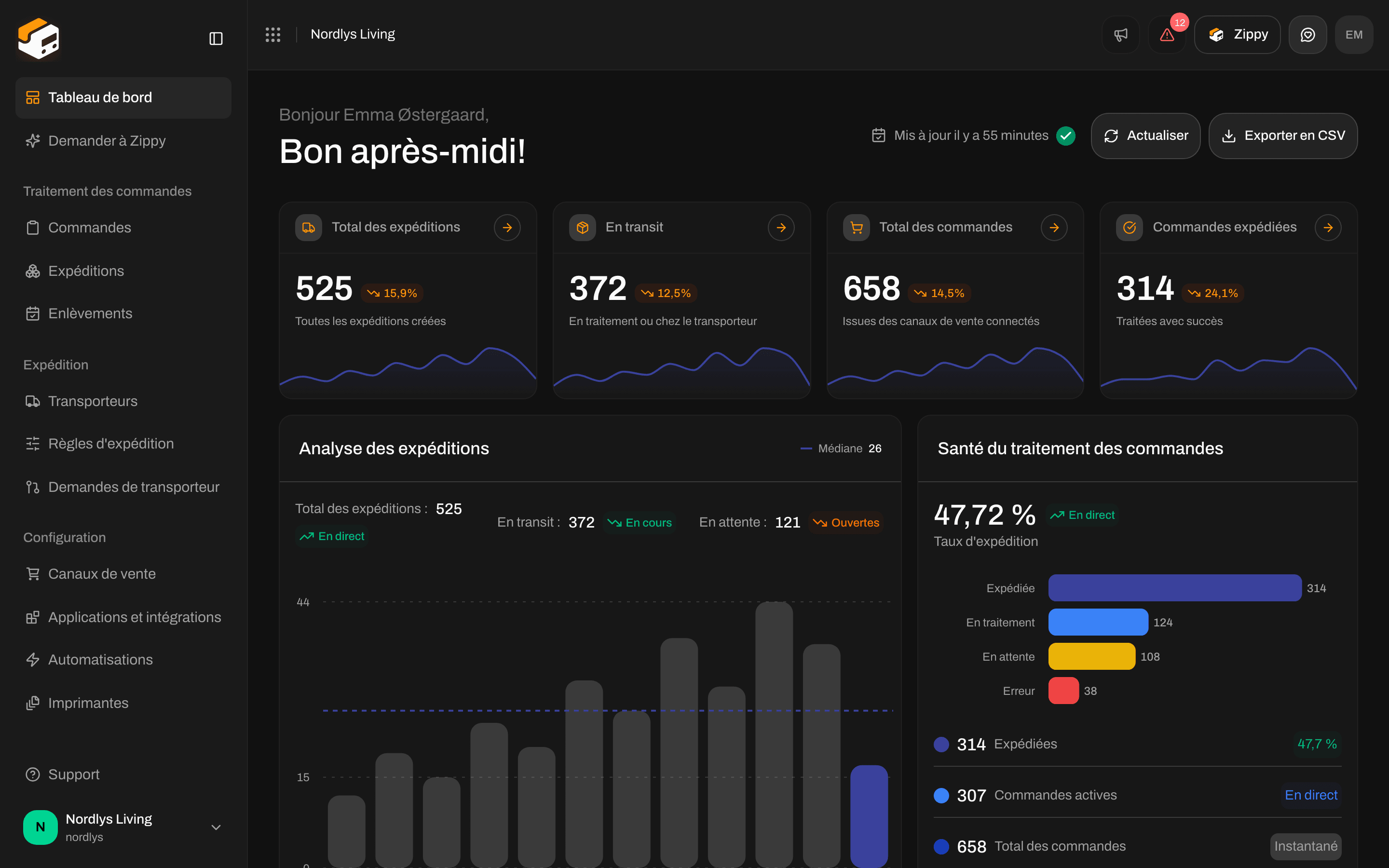 Tableau de bord avec l'heure de mise à jour, Actualiser et Exporter en CSV en haut