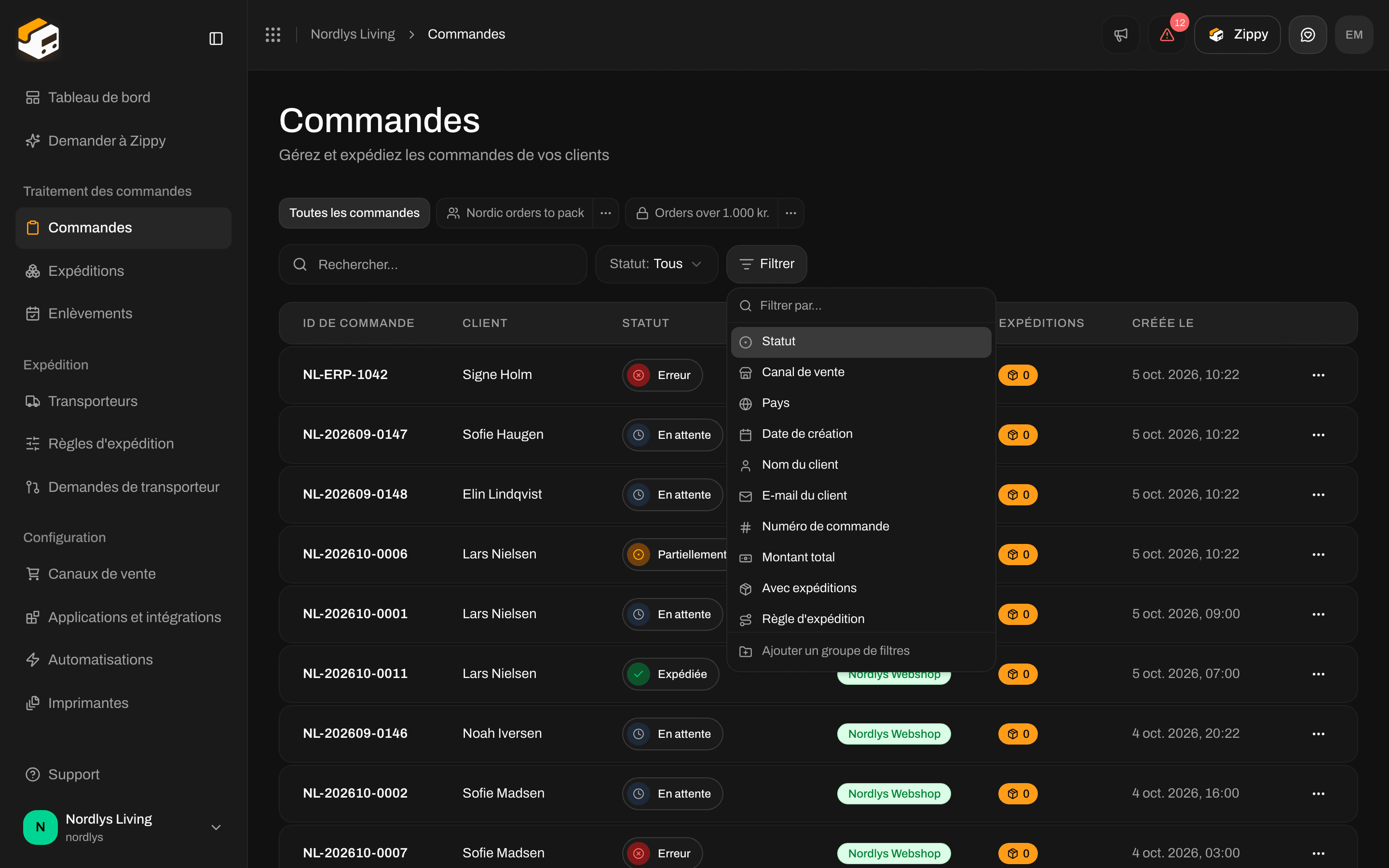 Liste des commandes avec le menu Filtrer ouvert, listant Statut, Canal de vente, Pays, Créée le et d'autres champs